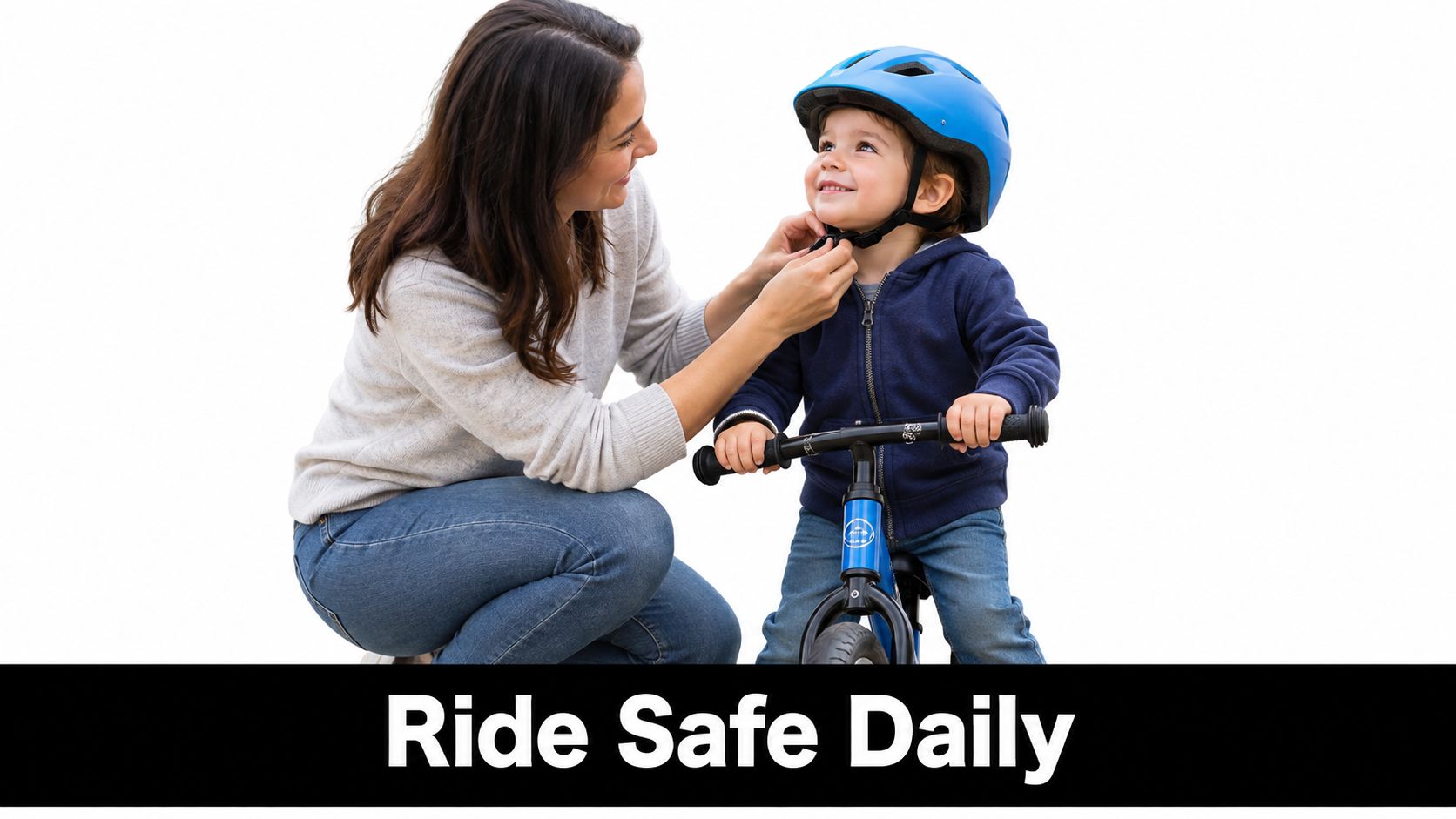 A mother lovingly fastening a blue safety helmet on her young son sitting on a balance bike.