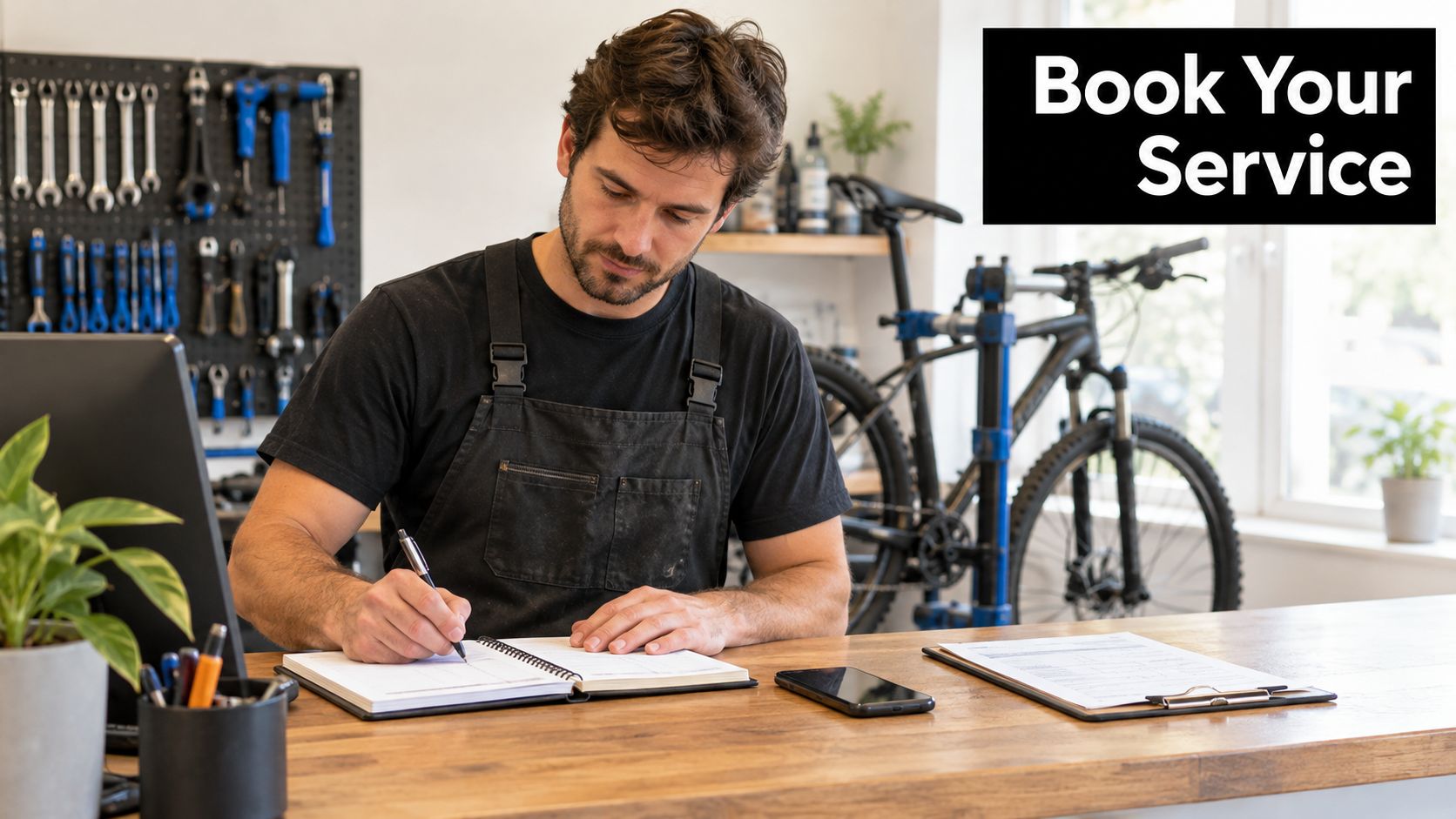 A professional bike mechanic sitting at a workshop desk, busy writing in a schedule appointment planner.