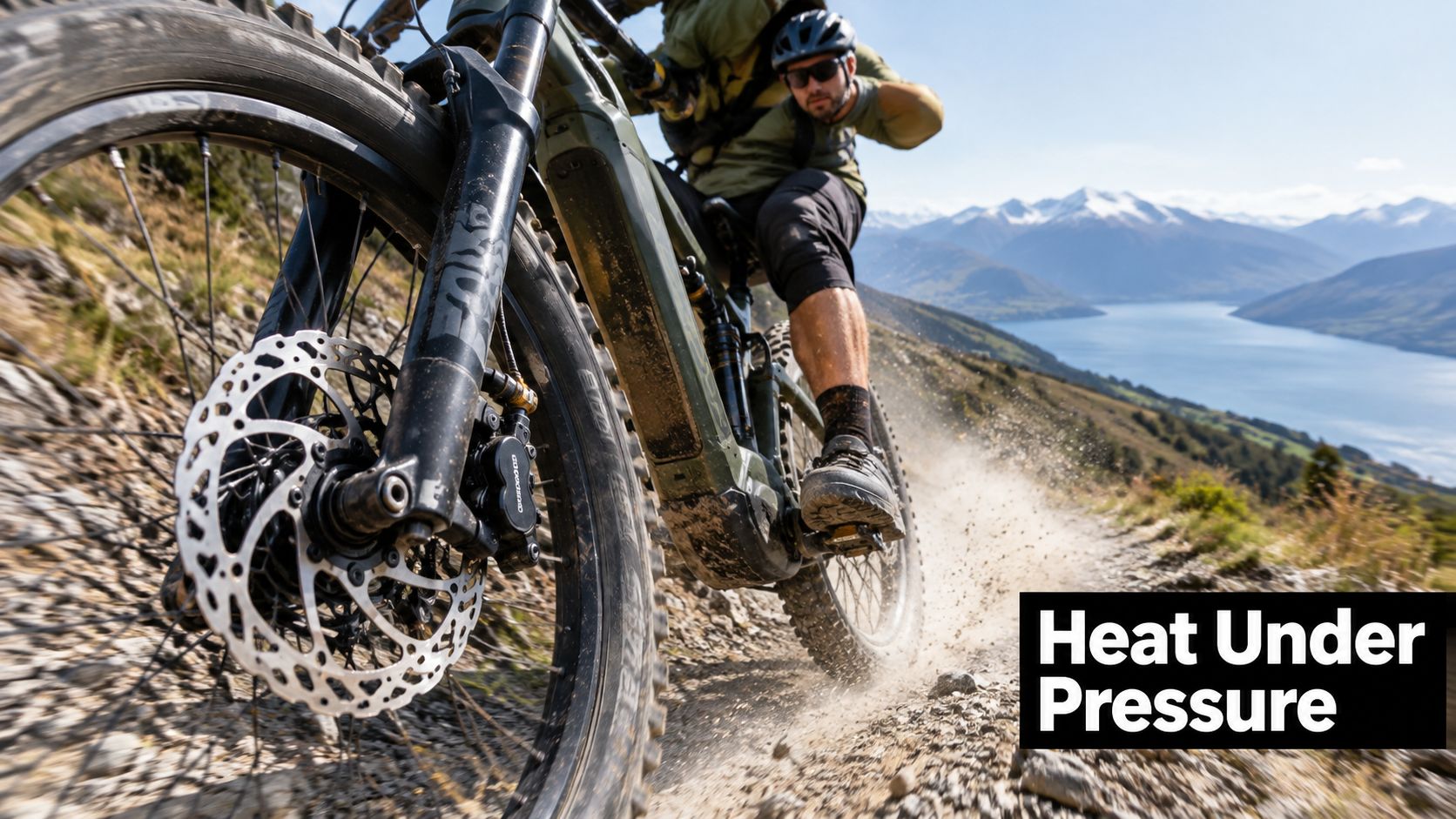 A mountain biker riding downhill on a gravel path with a scenic lake view in the background.