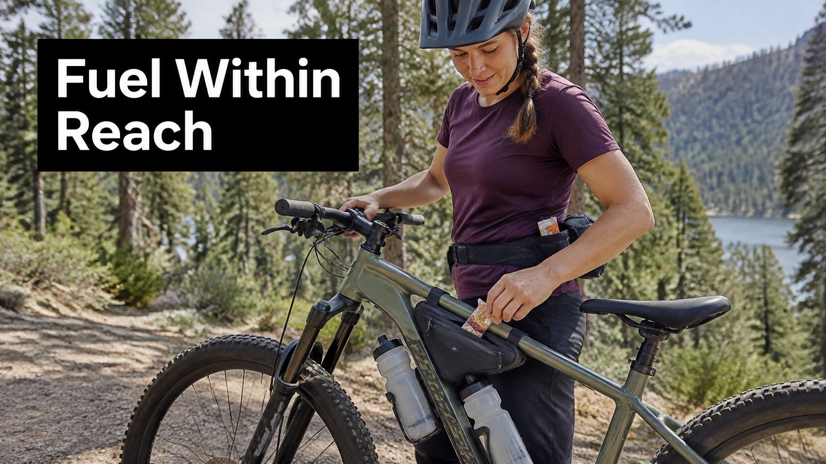 A female mountain biker retrieving an energy bar from her frame bag while resting on a forest trail.