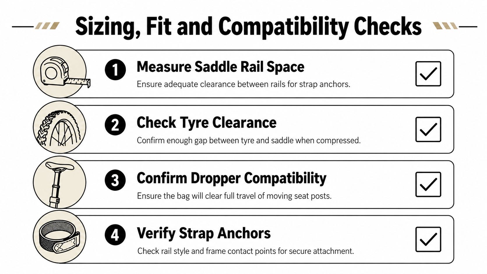 A checklist illustration detailing four essential steps for ensuring saddle bag compatibility on a bicycle.