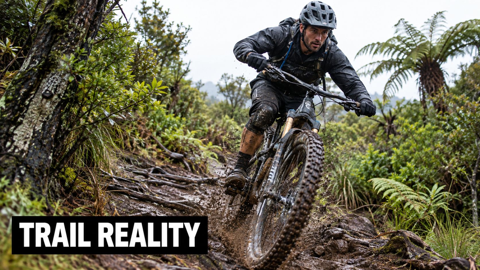 A professional mountain biker riding a muddy forest trail in New Zealand with aggressive bike handling skills.