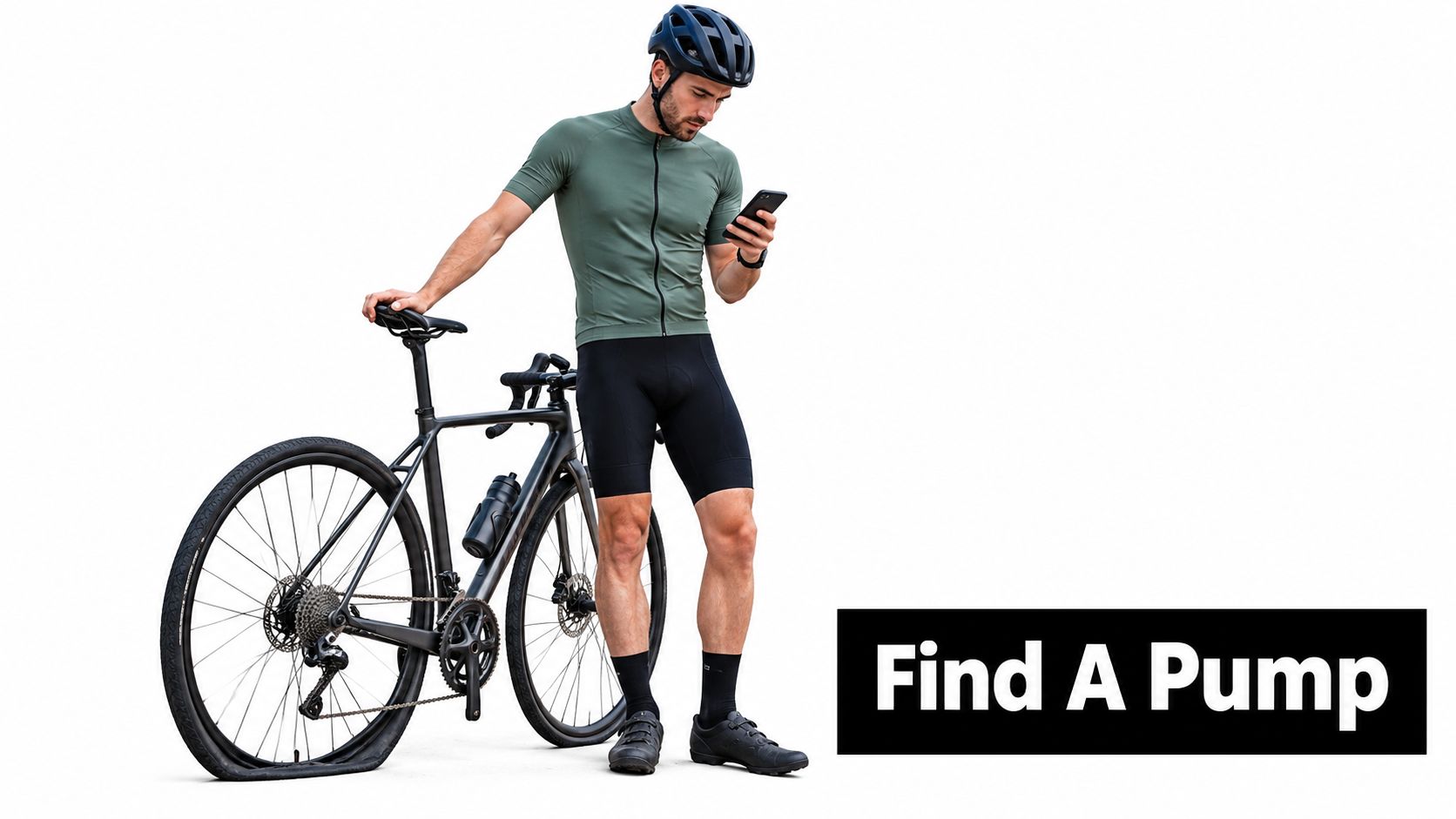A cyclist stands next to his bike with a flat tire, searching on his smartphone for a pump.