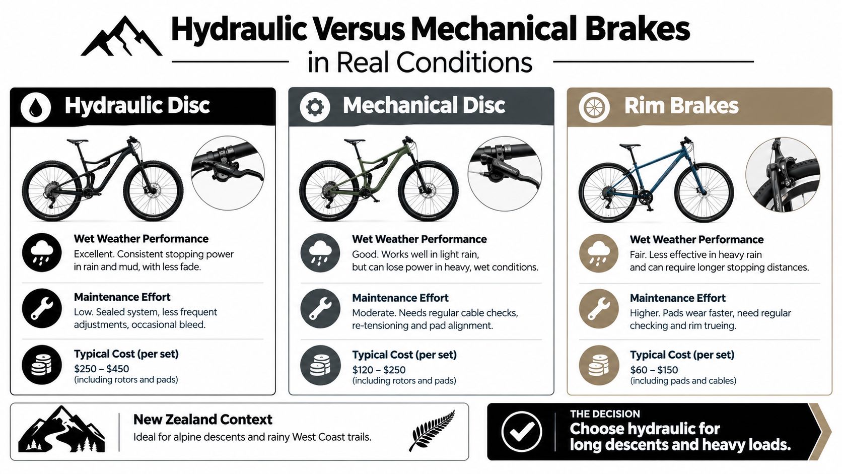 A comparison chart showing the differences between hydraulic disc, mechanical disc, and rim brakes for bicycles.