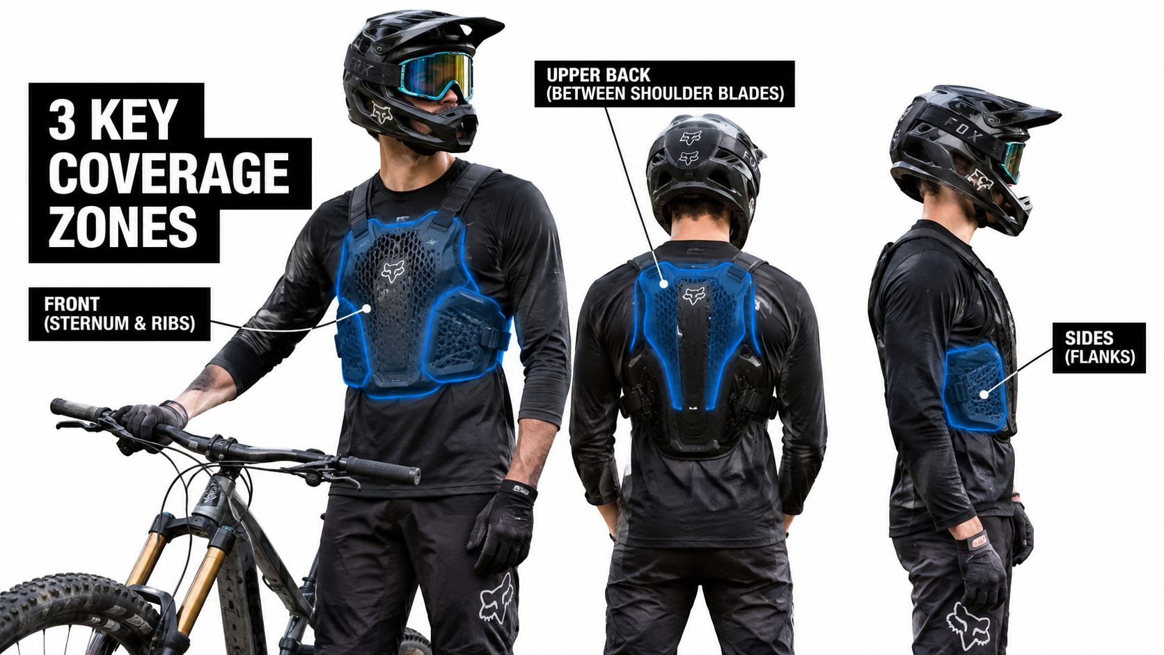 A mountain biker wearing protective gear showing the coverage zones for the chest, back, and sides.
