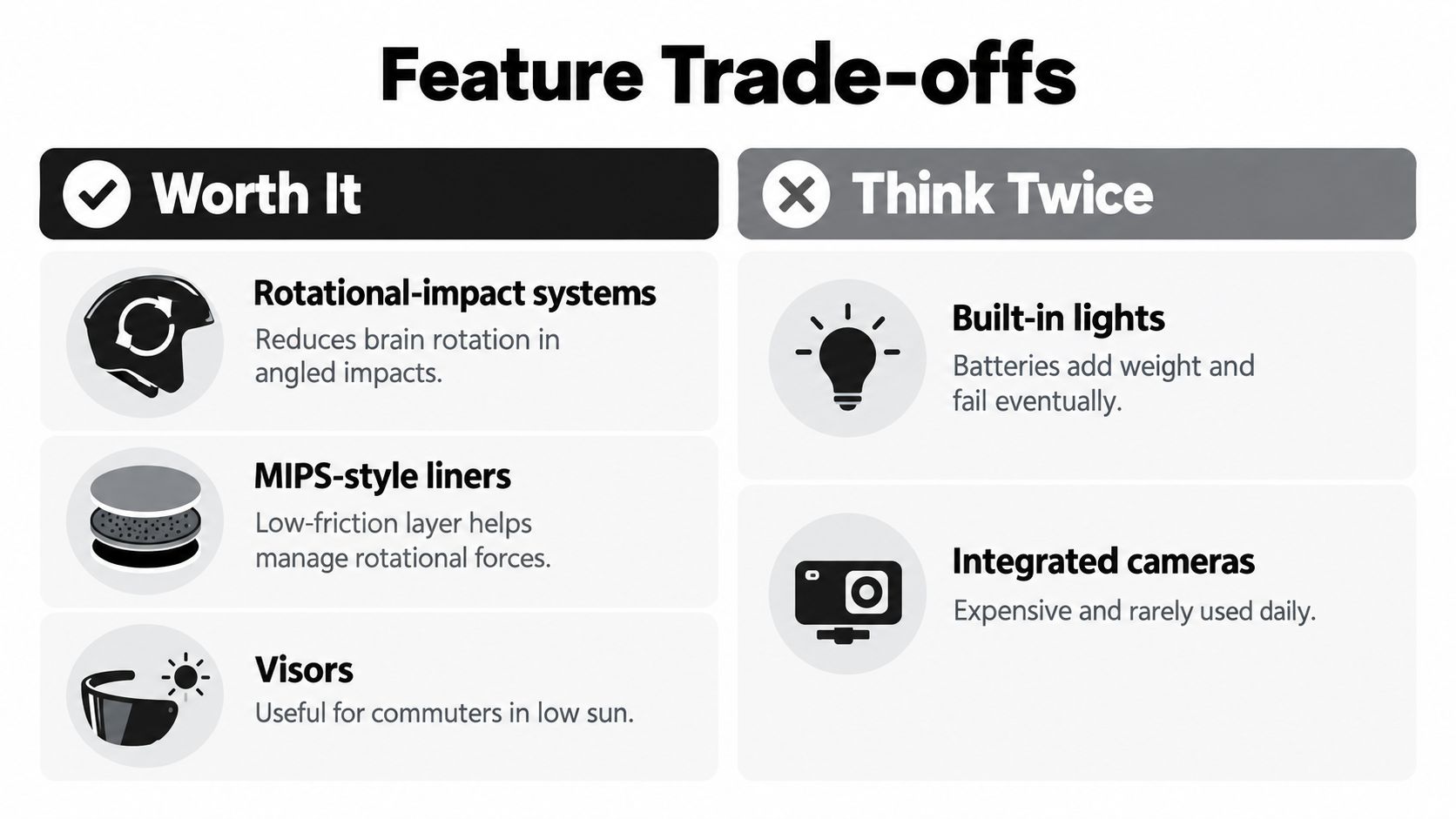 A chart comparing recommended bike helmet features like rotatonal-impact systems against features to reconsider like built-in lights.