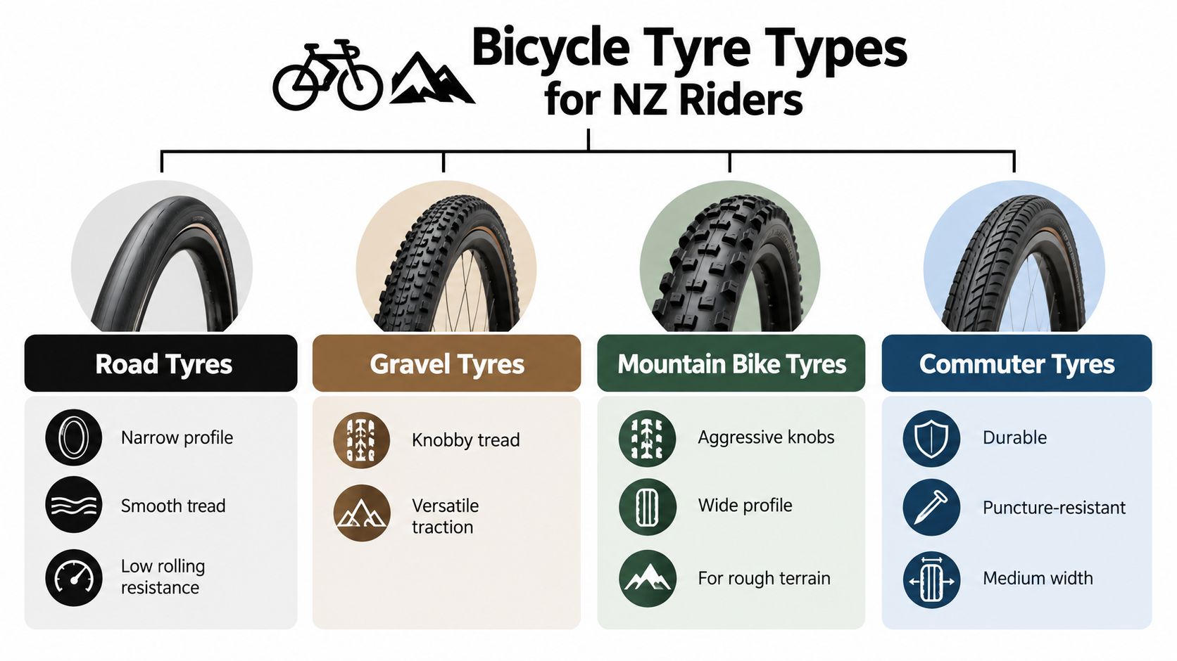 A visual guide explaining different types of bicycle tyres including road, gravel, mountain bike, and commuter options.