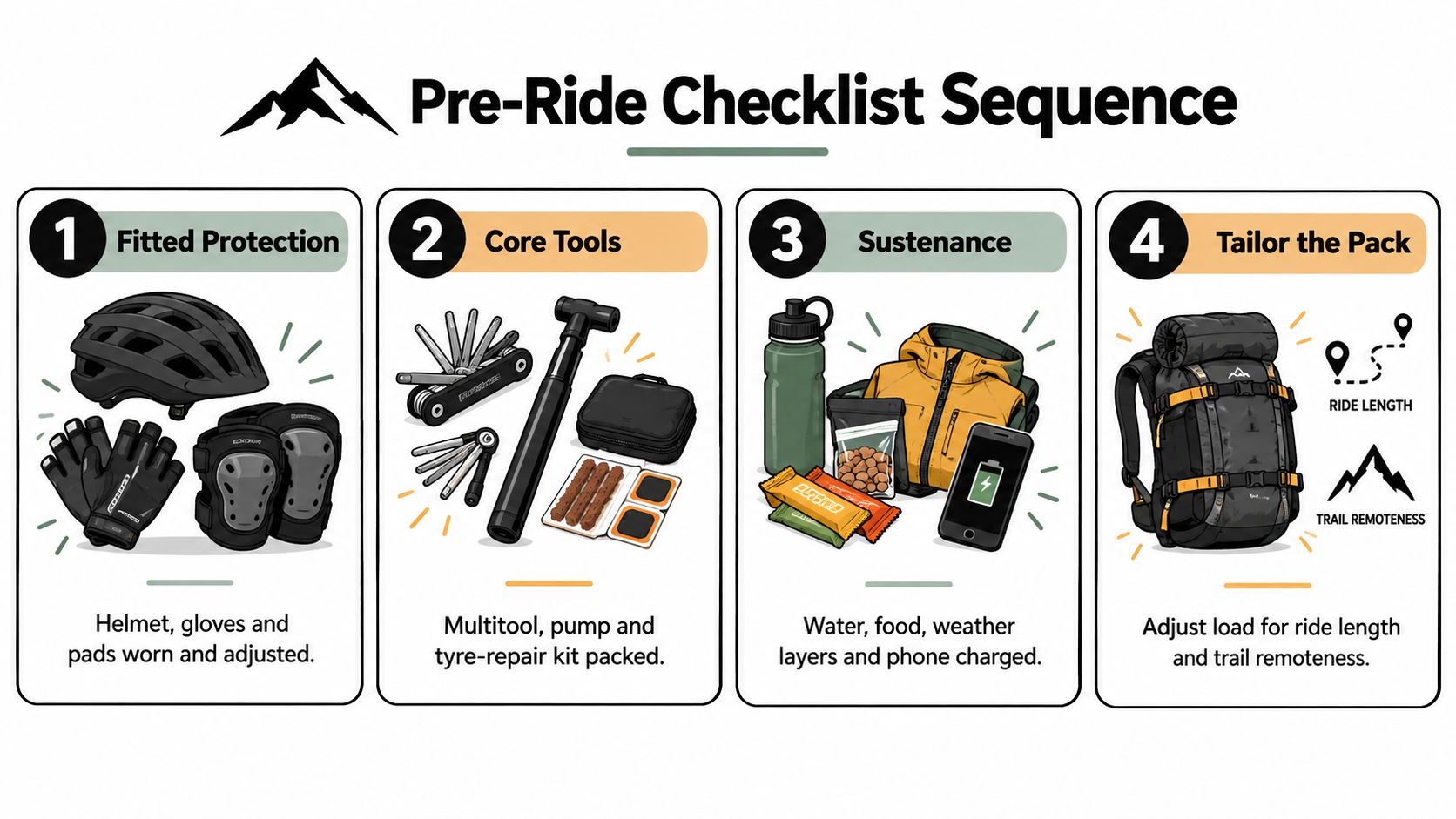 A pre-ride checklist sequence infographic showing gear for mountain bikers, including protective equipment, tools, food, and packing advice.