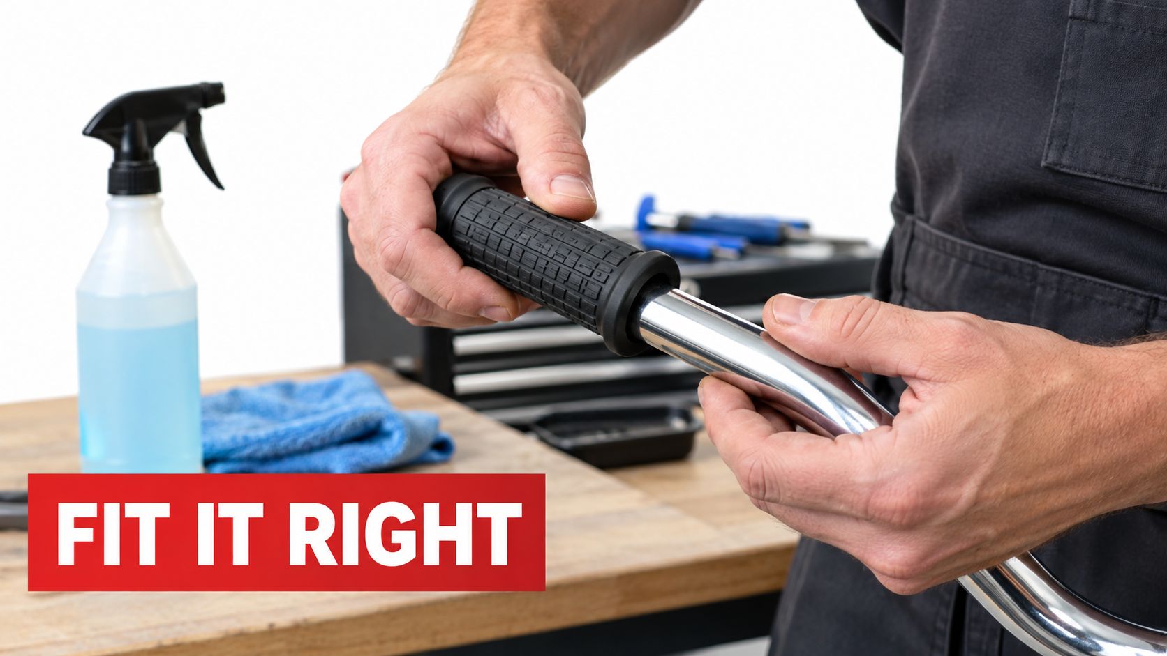 A mechanic in work clothes installing a new black rubber grip onto a metal bicycle handlebar.