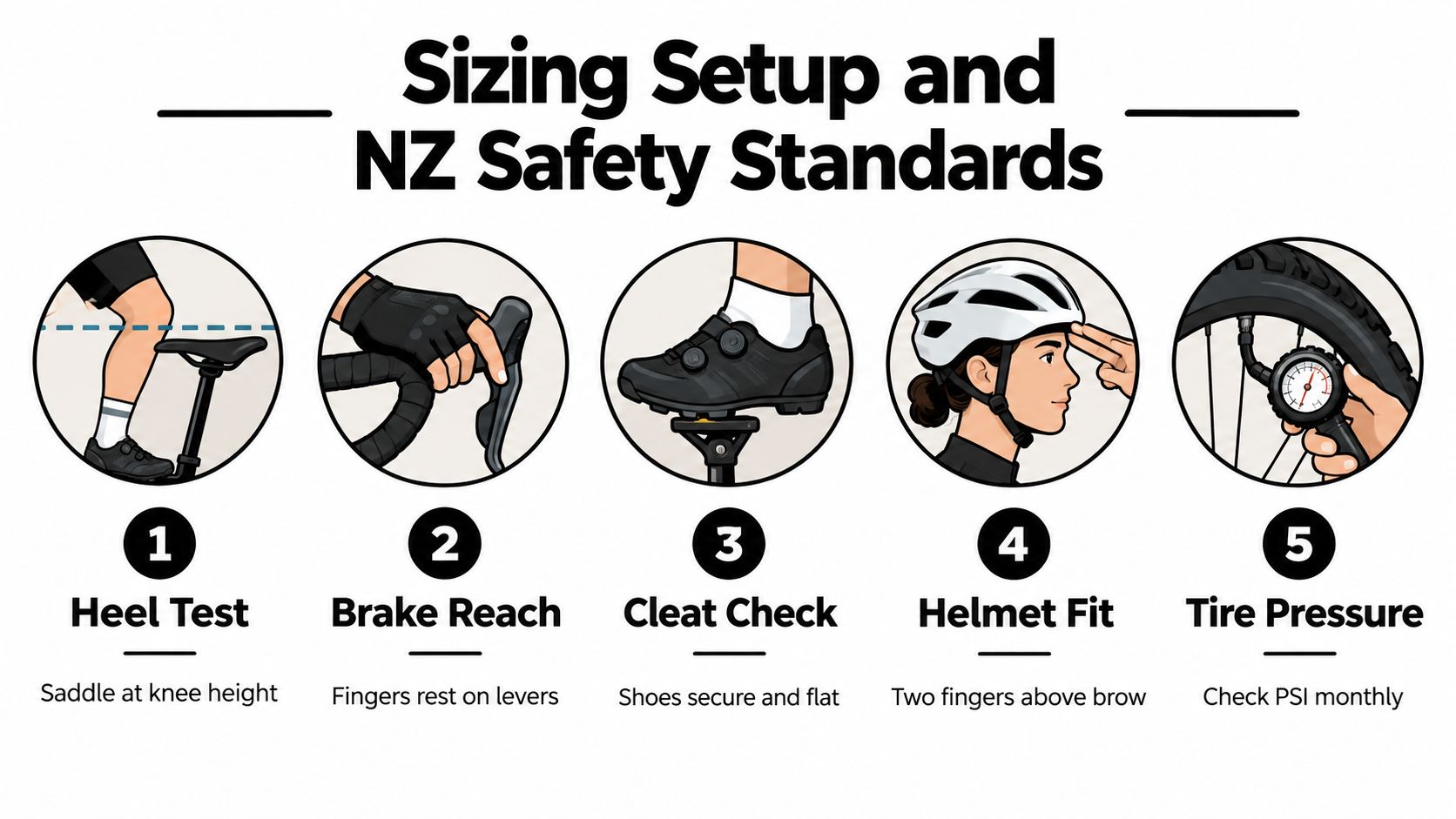 An infographic illustrating five steps for bicycle sizing and safety standards, including saddle height and helmet fit.
