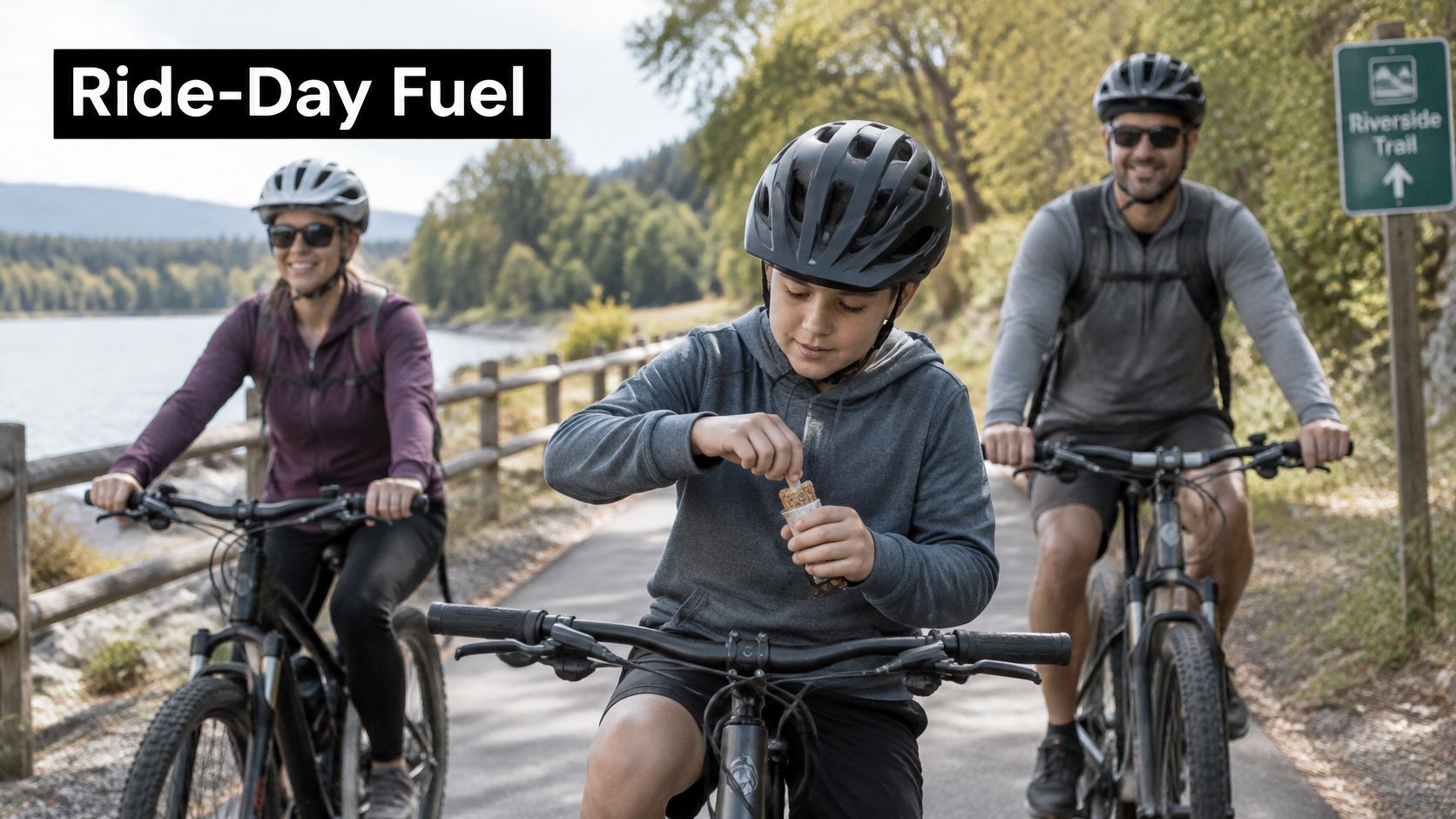 A family of three cycling on a paved trail while the child eats a granola bar.