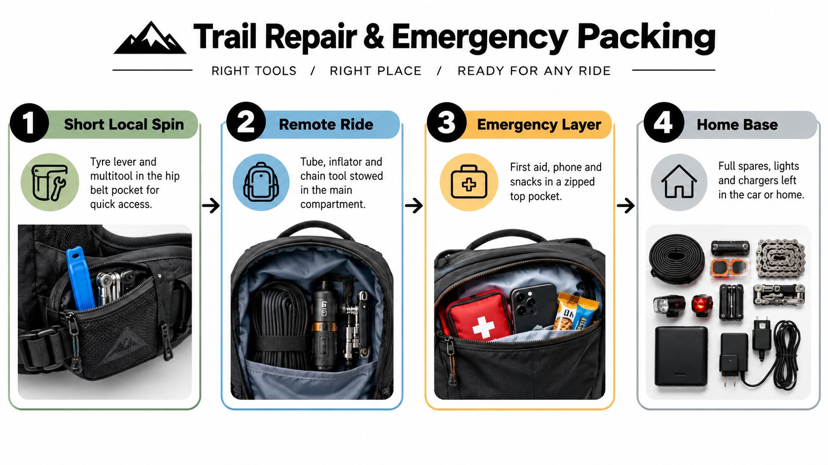 An infographic showing four steps for organizing trail repair and emergency bike gear for rides.