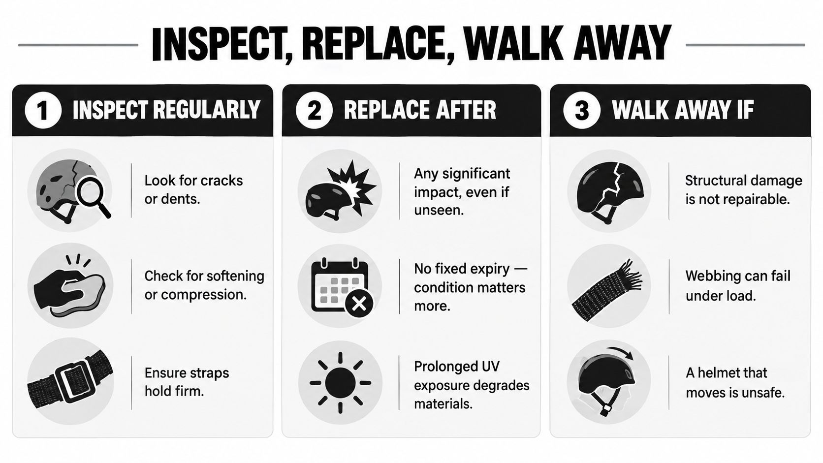 A safety infographic titled Inspect, Replace, Walk Away explaining when to check or discard a bicycle helmet.