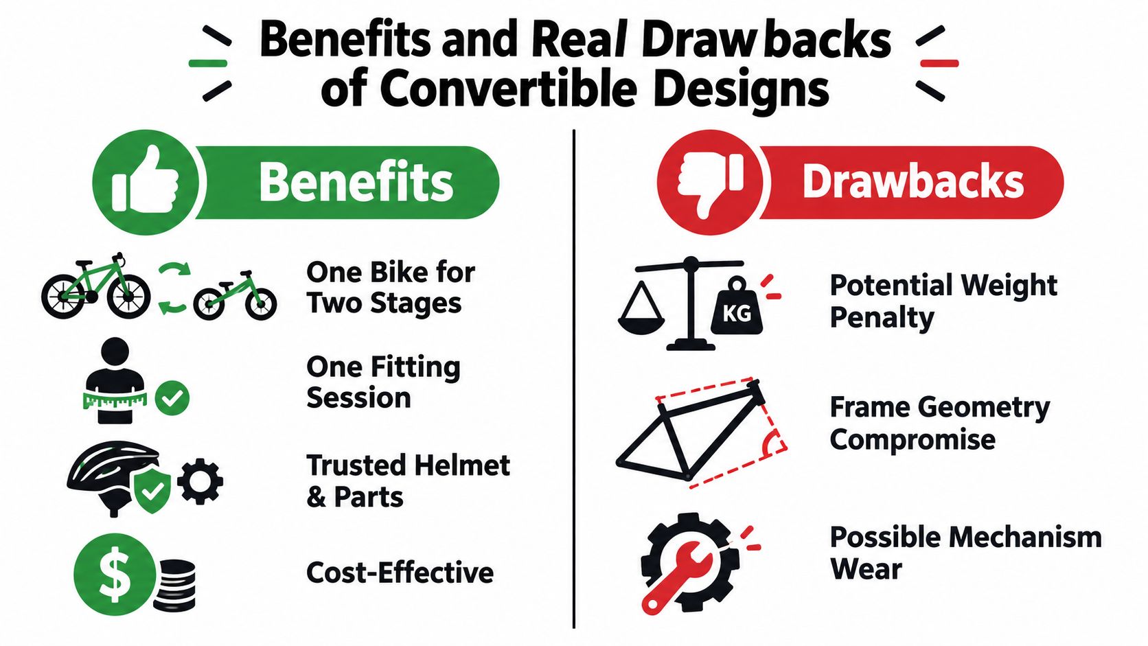An infographic comparing the pros and cons of using convertible balance bike with pedals designs for children.