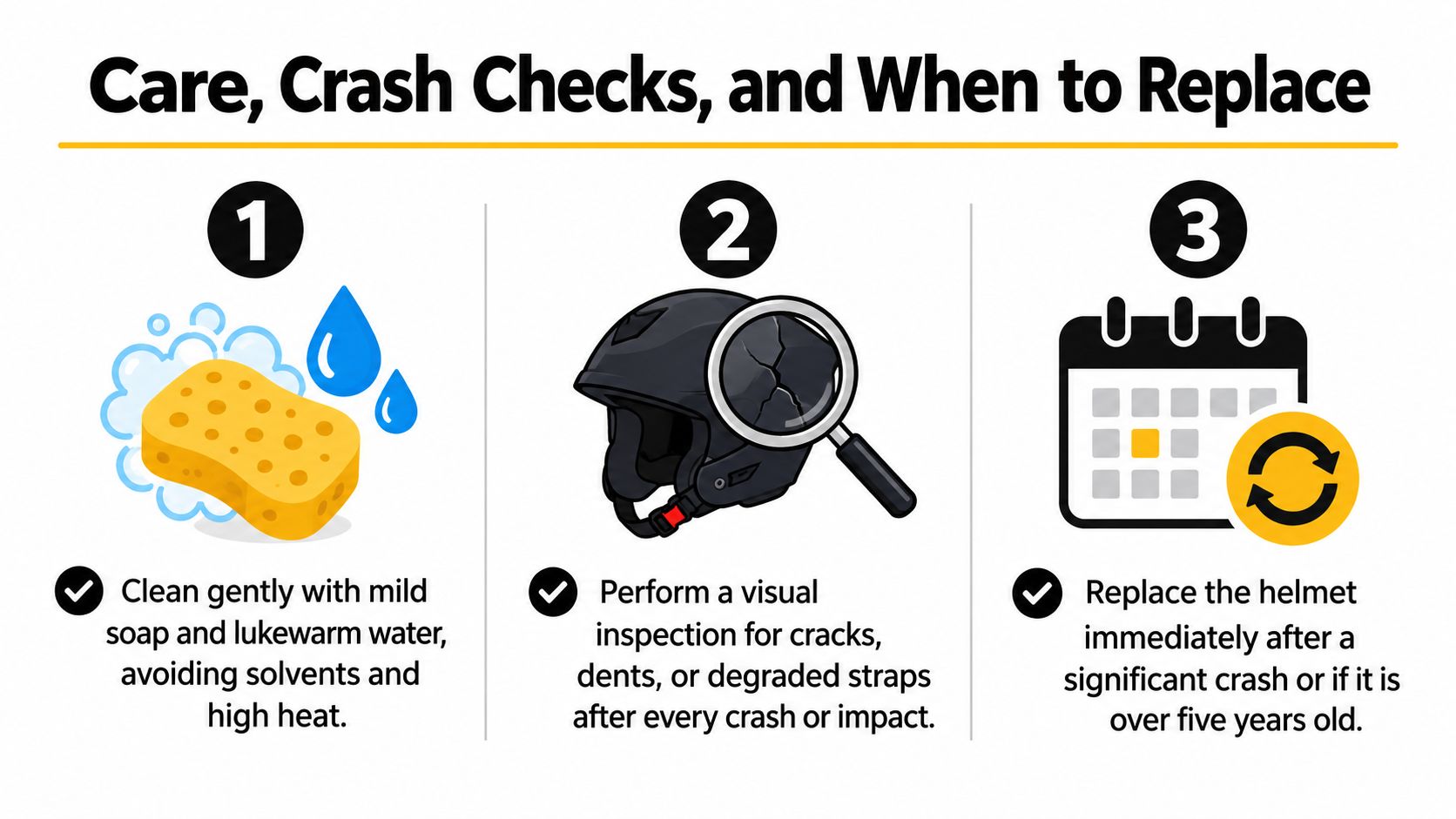 A guide showing instructions for cleaning a helmet, checking for damage, and replacing it after five years.