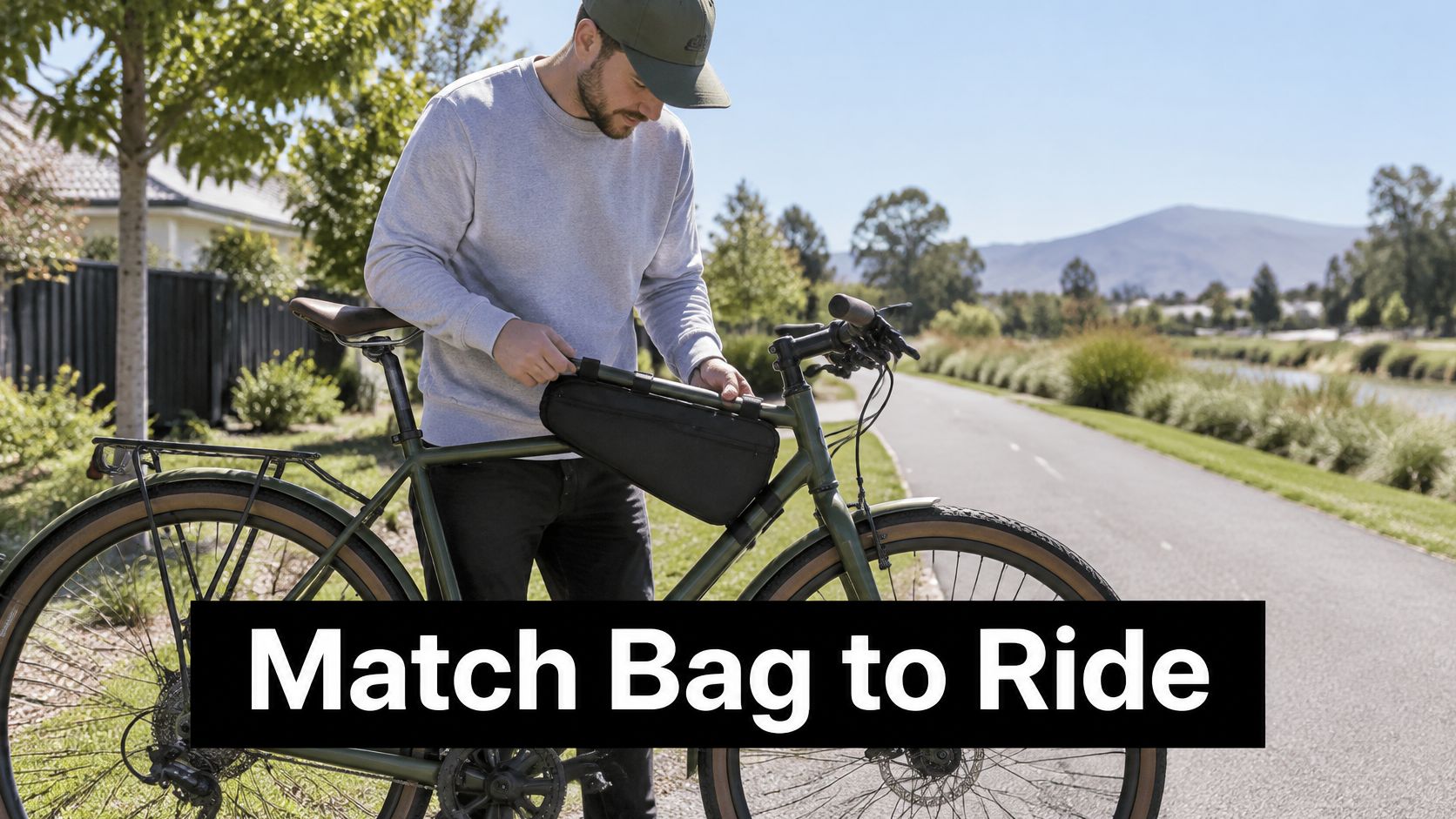 A man adjusting a black triangle storage bag attached to the frame of his olive green bicycle.