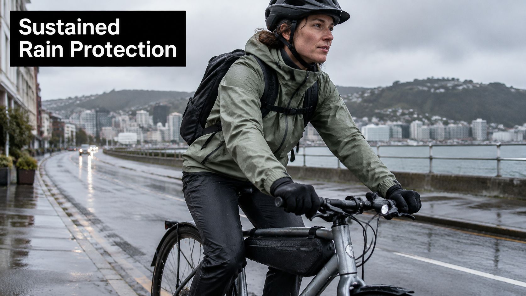 A female cyclist riding a bike in the rain while wearing a waterproof jacket and frame bag.