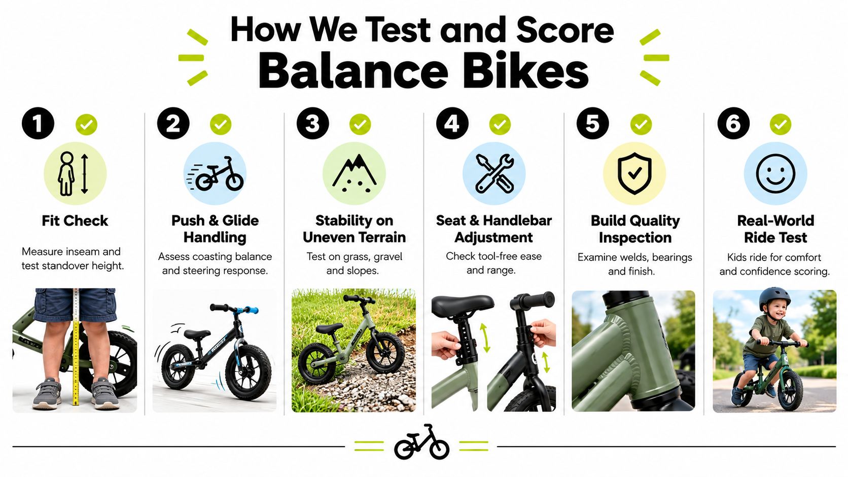 An infographic detailing the six-step process for testing and scoring kids' balance bikes for performance.