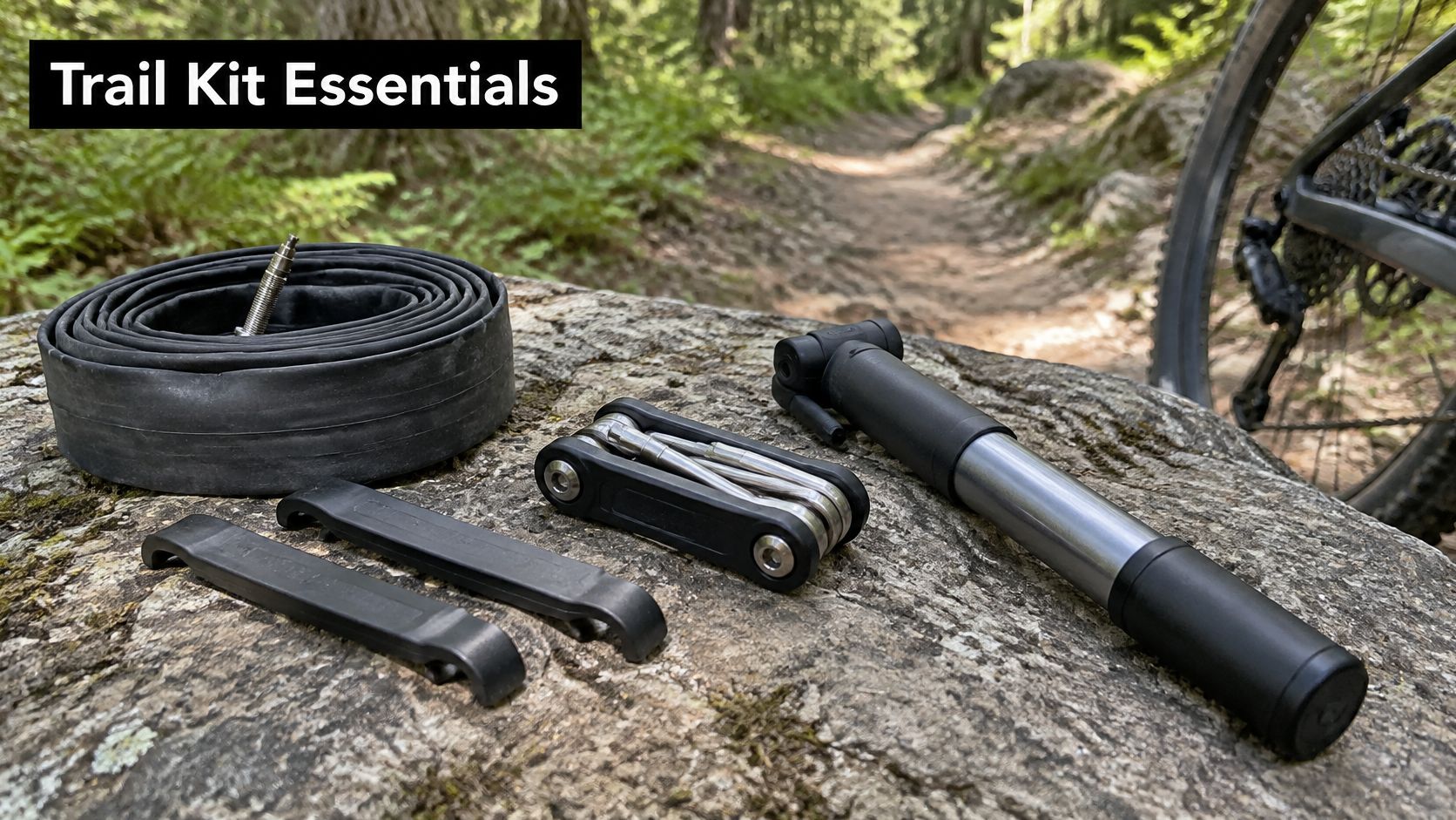 An assortment of mountain bike repair tools and a spare inner tube resting on a forest log.