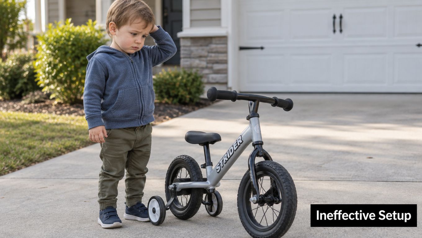 A confused toddler standing next to a Strider balance bike incorrectly fitted with training wheels.