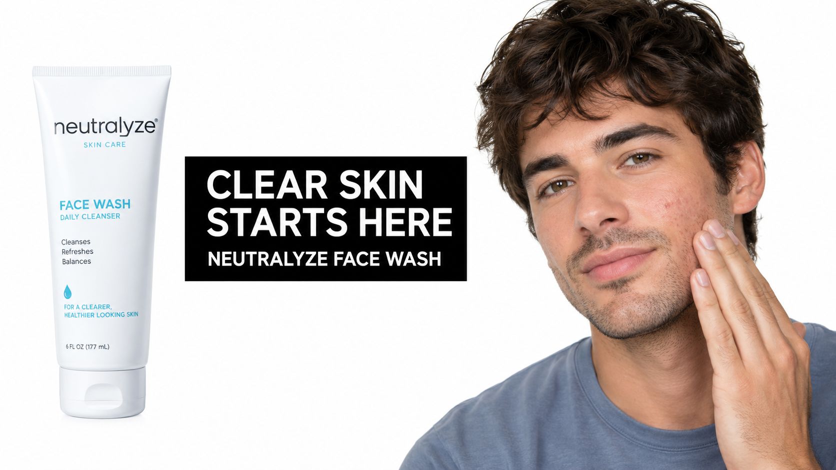 A man touching his cheek while looking at a bottle of Neutralyze skin care face wash product.