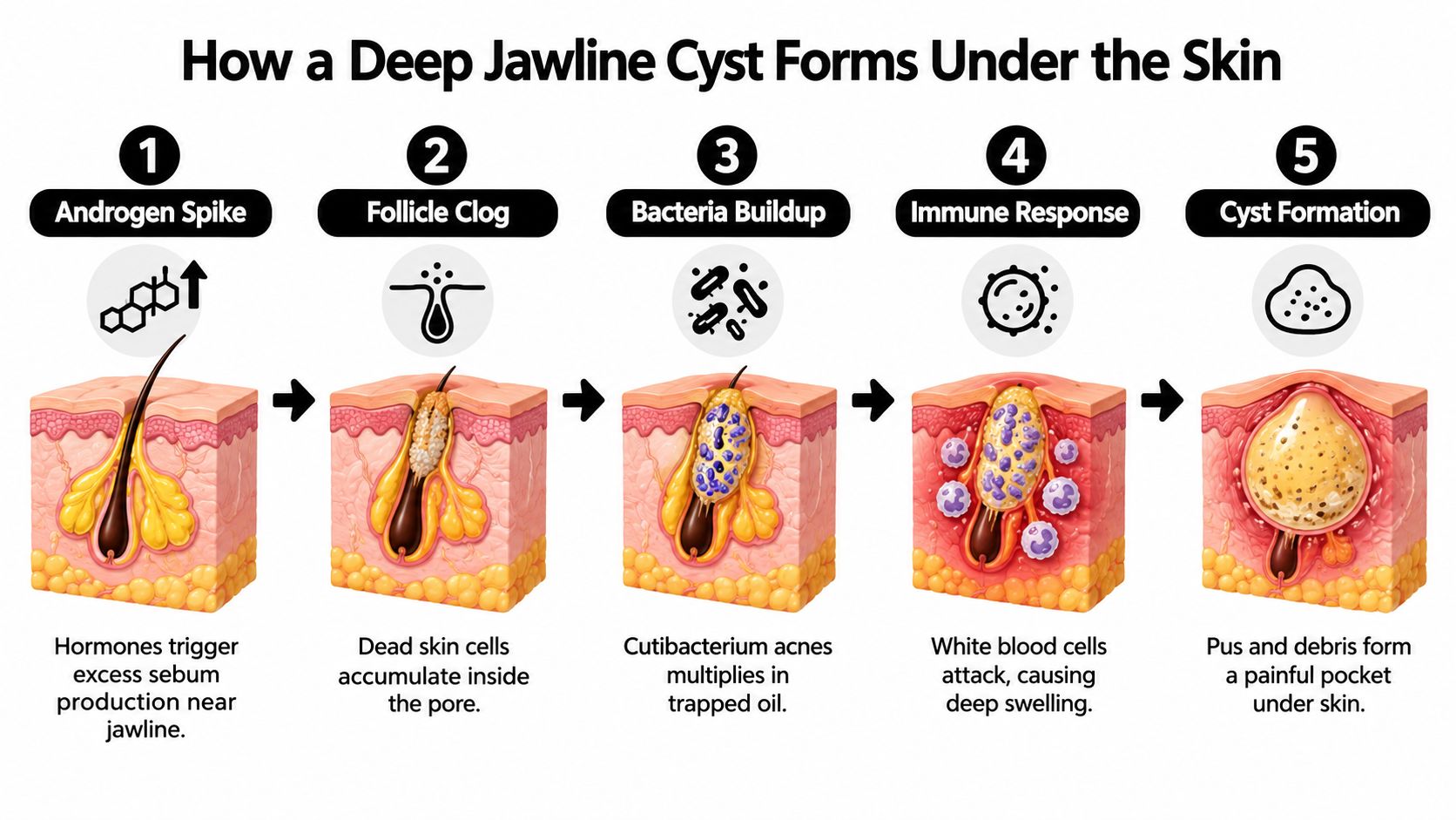 A diagram illustrating the five stages of how cystic acne develops deep under the jawline skin.