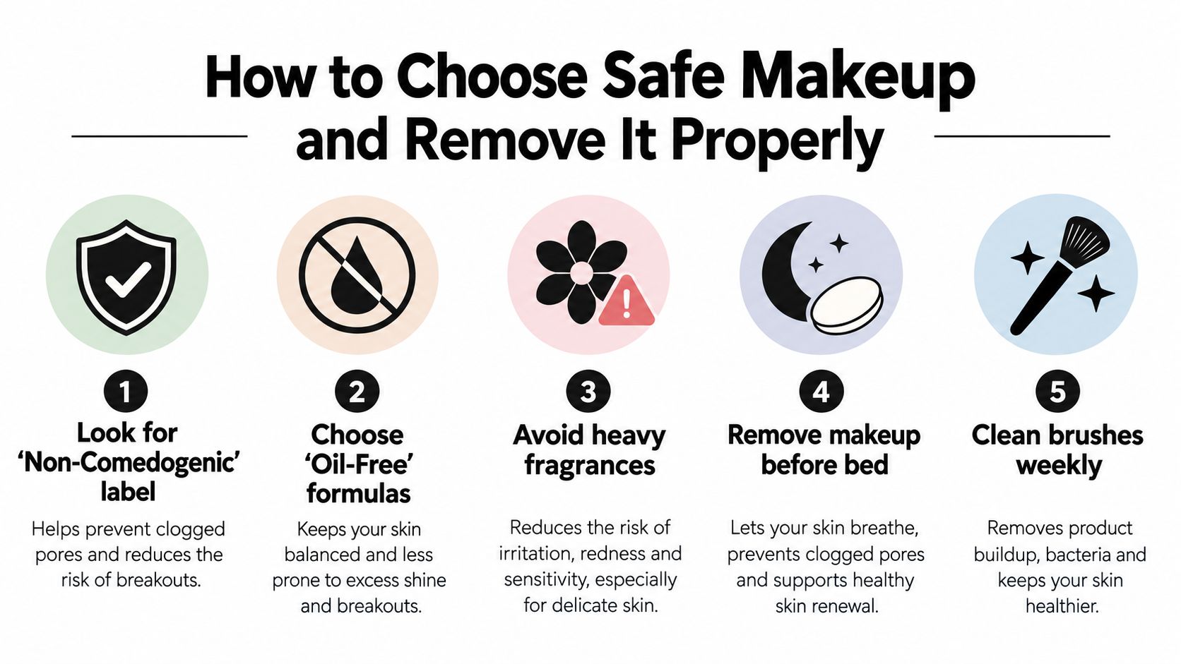 An infographic titled How to Choose Safe Makeup and Remove It Properly with five numbered tips.