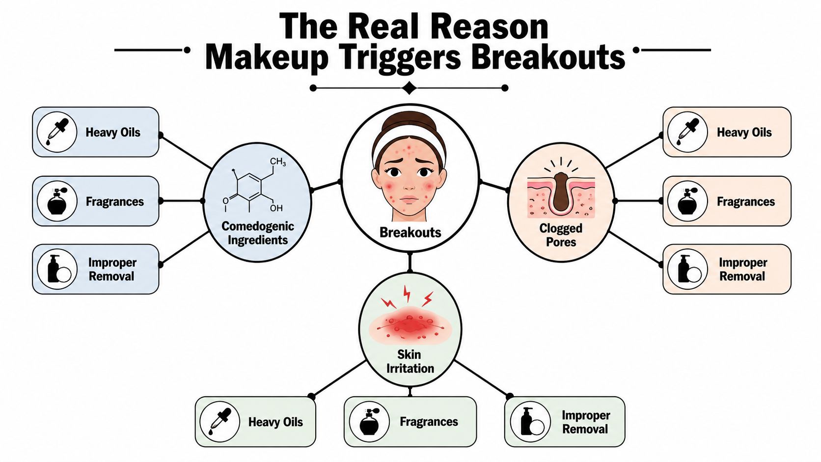 A diagram explaining how makeup leads to breakouts through comedogenic ingredients, clogged pores, and skin irritation.