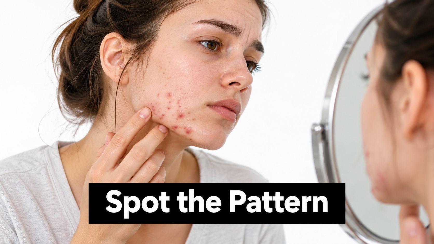 A woman looks in a mirror at acne breakouts on her jawline and cheek