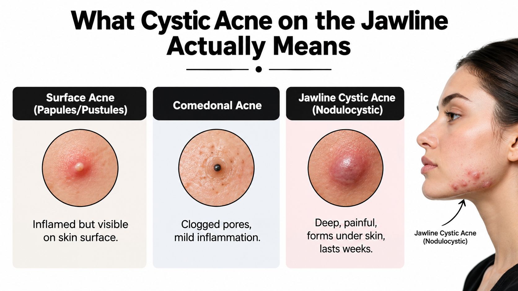 An infographic showing types of acne including surface, comedonal, and cystic acne on the jawline.