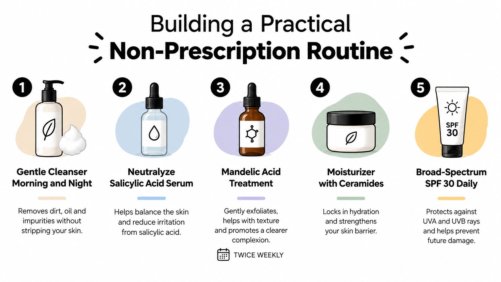 A five-step skincare routine for acne and hyperpigmentation featuring a cleanser, serum, treatment, moisturizer, and SPF.