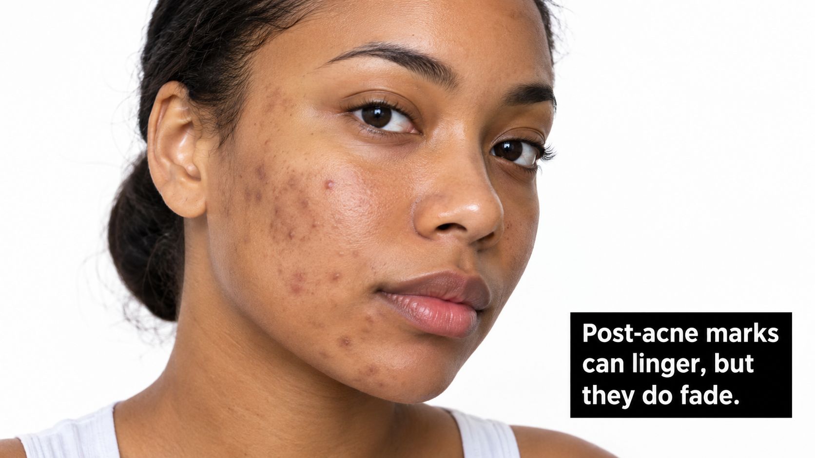 A young woman with visible post-acne dark spots on her cheek looking at the camera.