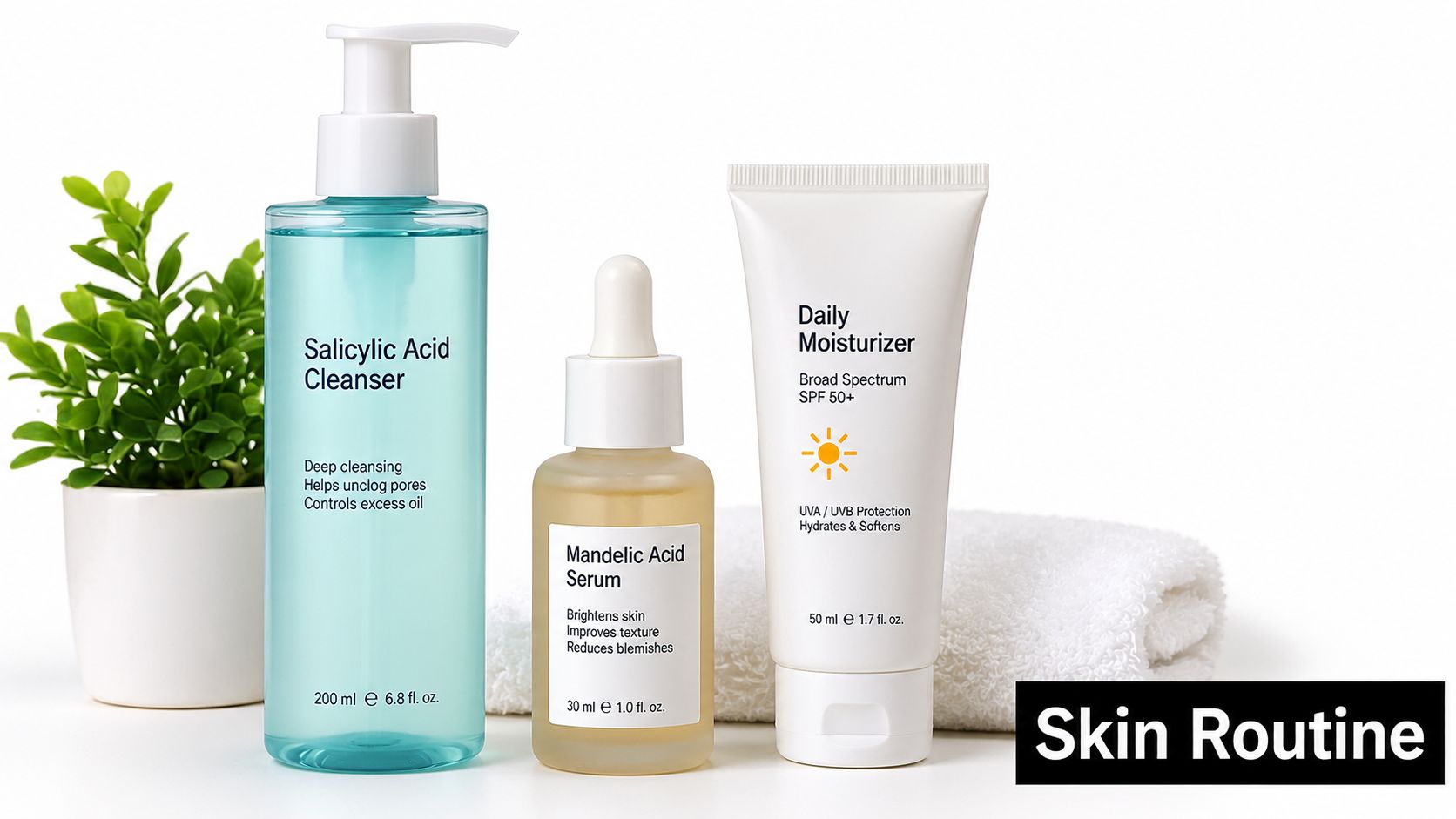 A minimalist set of skincare products including cleanser, serum, and moisturizer displayed next to a green plant.