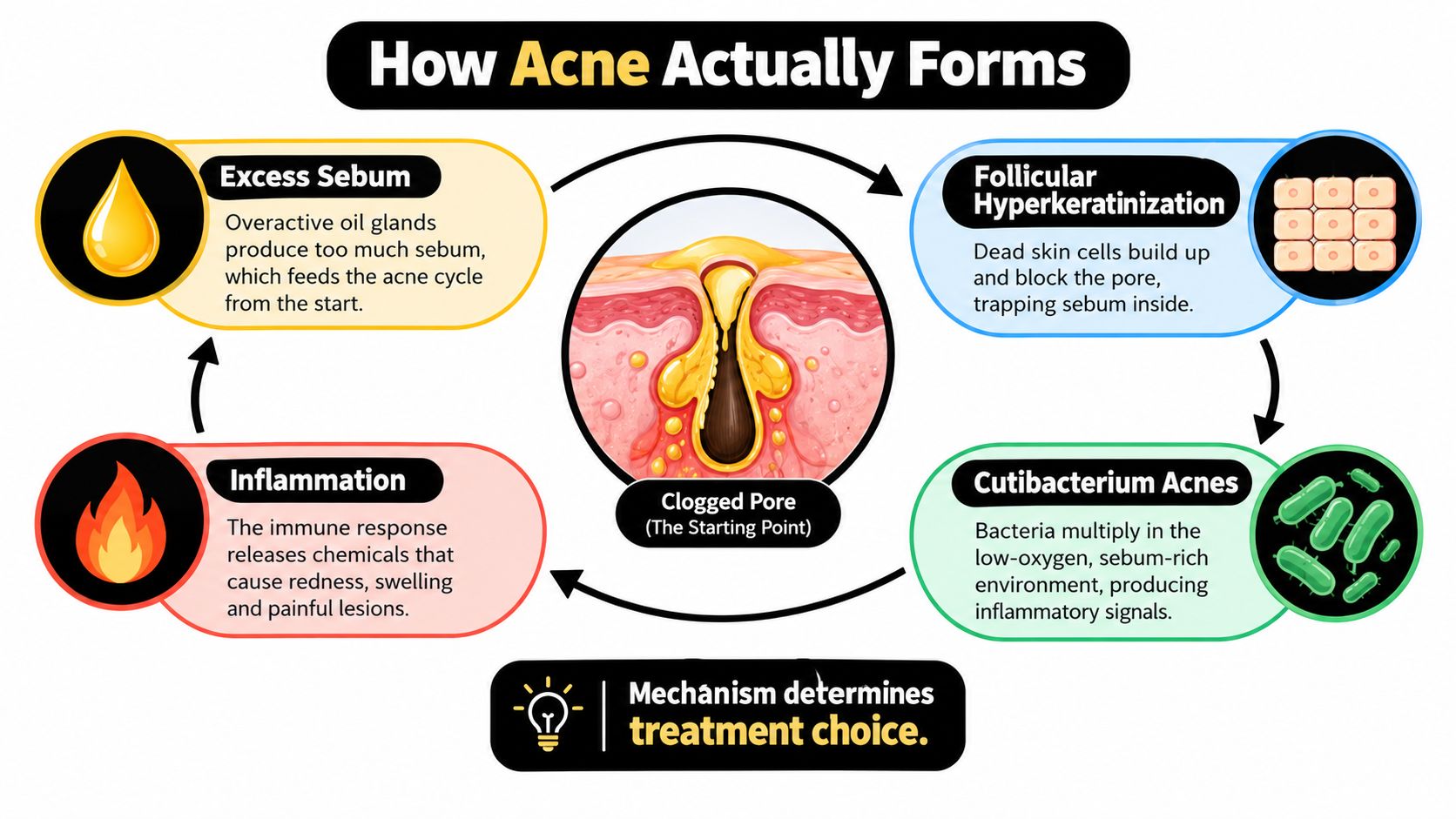 A diagram illustrating the four main biological processes that contribute to the formation of acne on skin.
