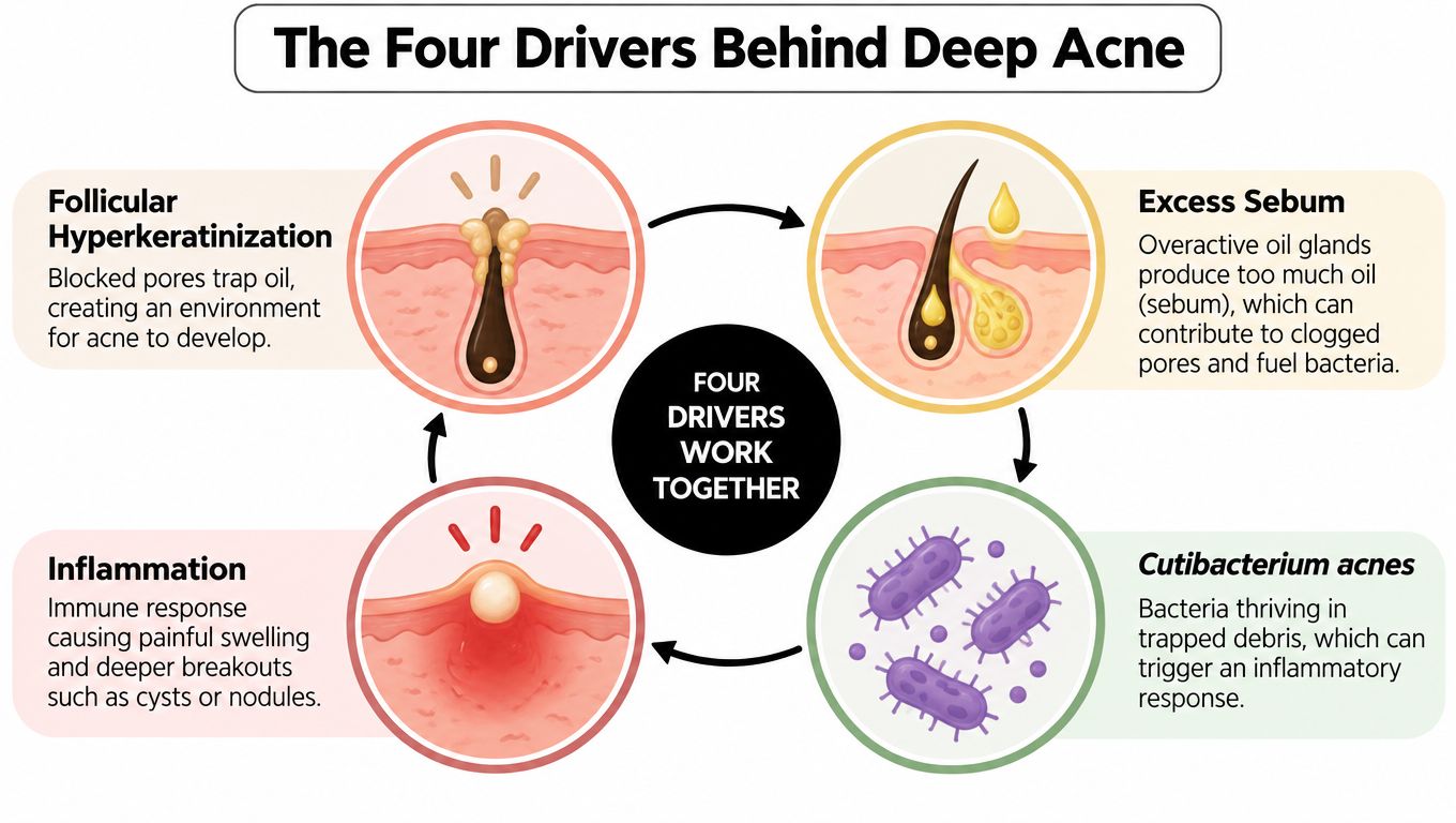 An infographic illustrating the four biological factors that cause deep cystic acne, including sebum and bacteria.