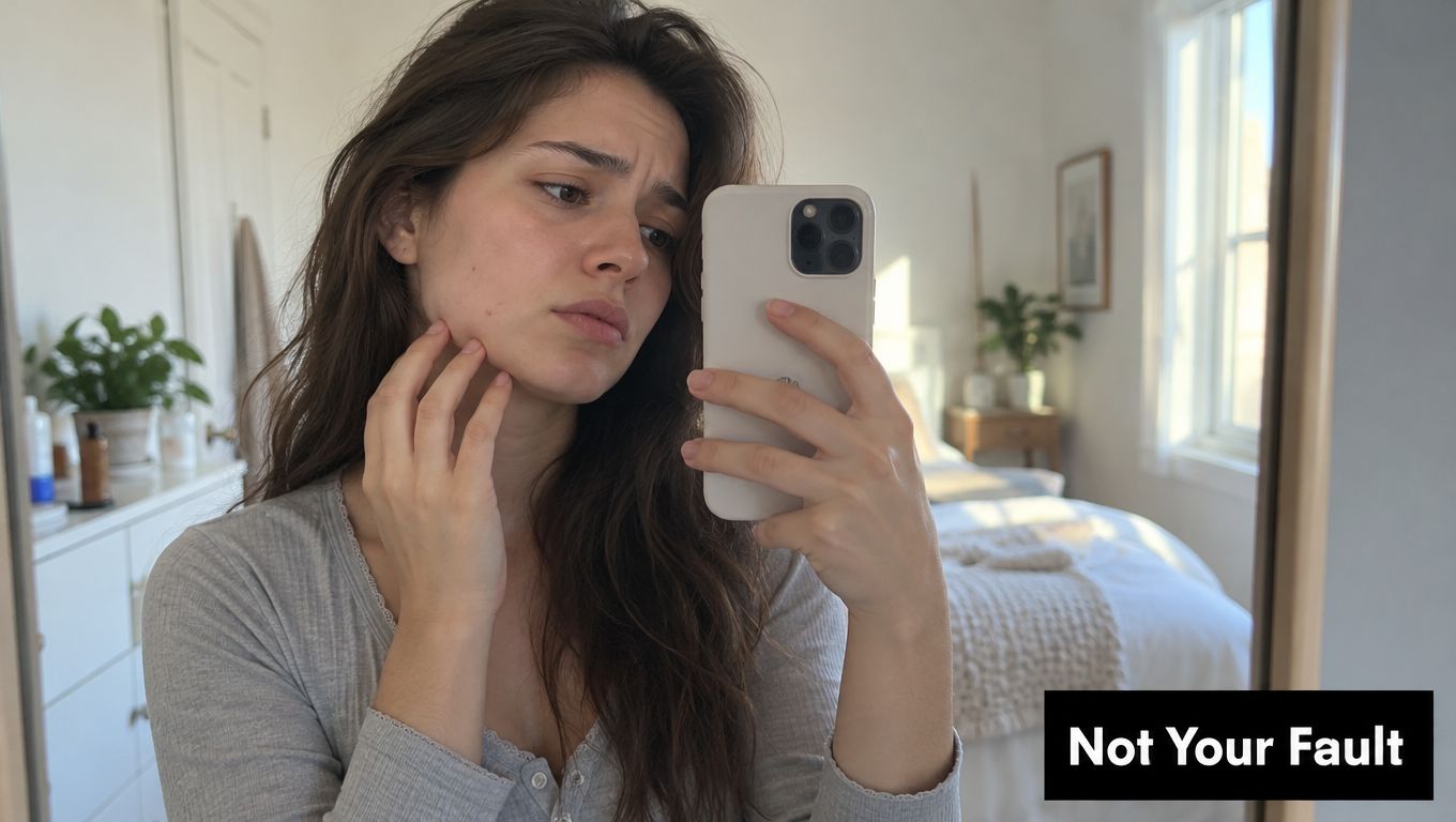 A young woman looking in a mirror at her face, examining persistent skin breakouts with concern.
