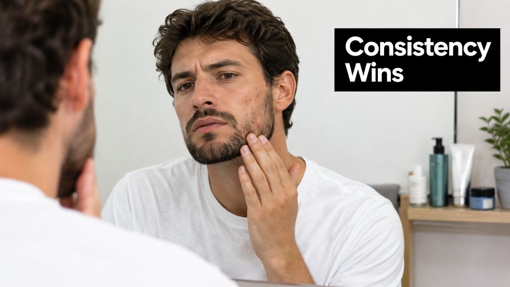 A man looking at his face in the mirror, touching acne on his cheek while contemplating skincare.