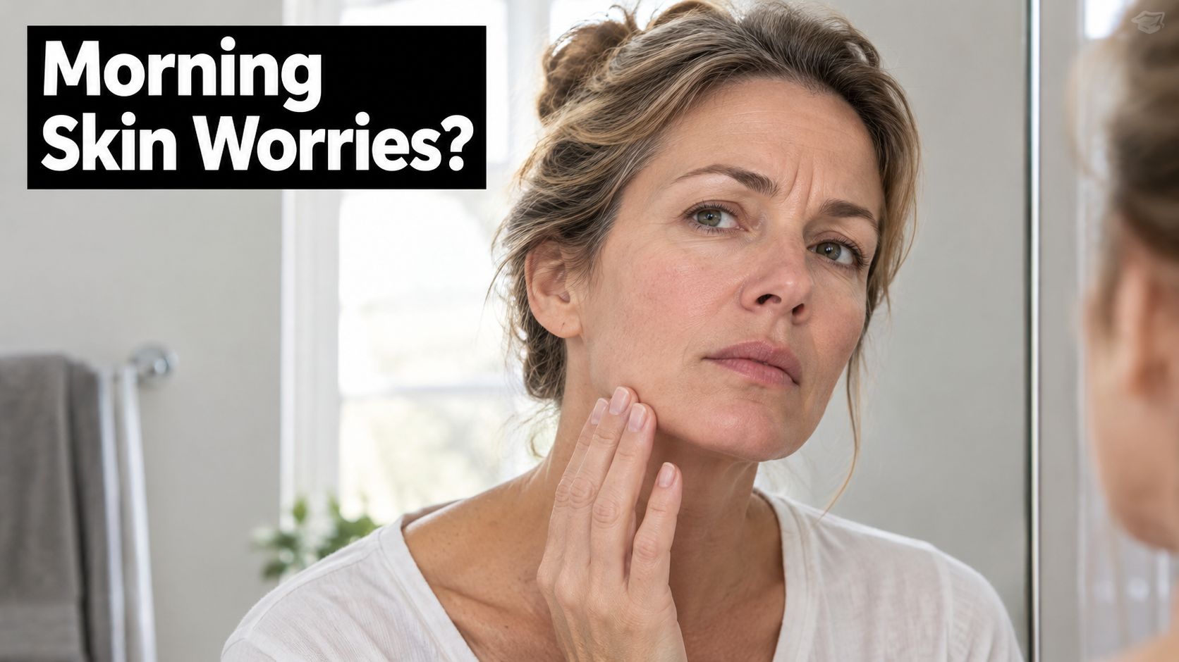 A concerned woman examining her skin in the mirror while considering treatments for cystic acne on jawline.