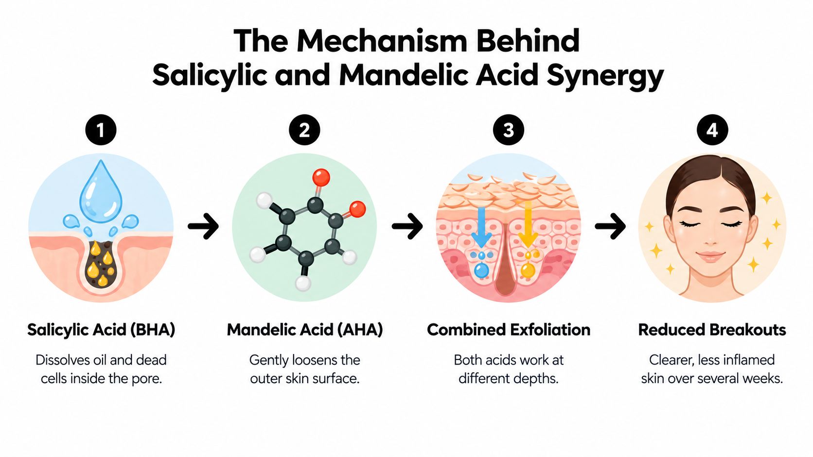 An infographic illustrating the mechanism of combined salicylic and mandelic acid for acne treatment and skin care.