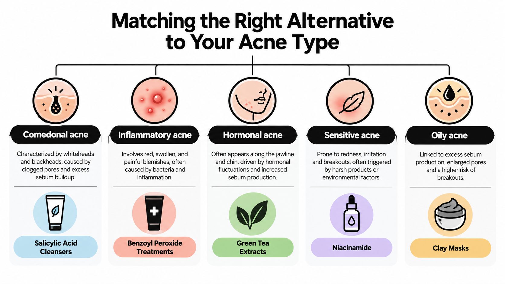 A chart matching various acne types like comedonal, inflammatory, and hormonal to suitable skincare ingredient treatments.
