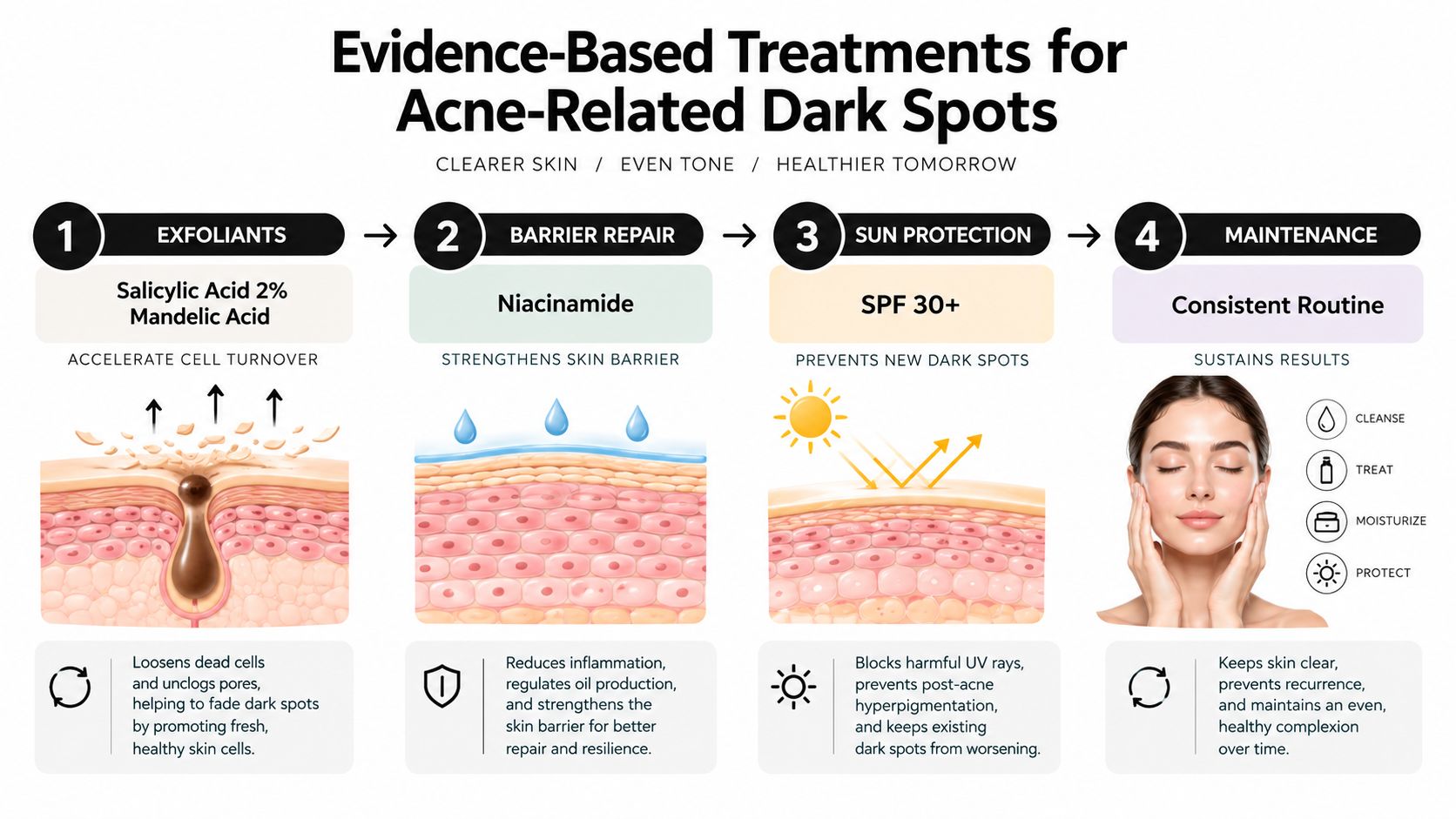 An infographic detailing four evidence-based skincare steps to treat acne-related dark spots and achieve even skin tone.