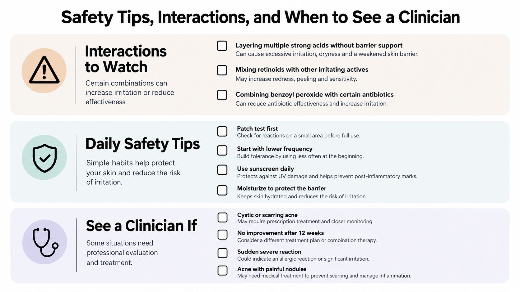 A safety guide for skincare featuring tips on product interactions, daily safety habits, and when to see a clinician.