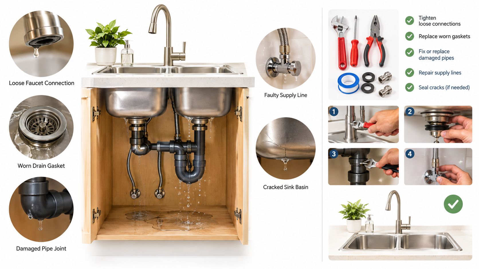 An infographic showing common kitchen sink plumbing problems, necessary tools, and step-by-step repair instructions for leaking sinks.