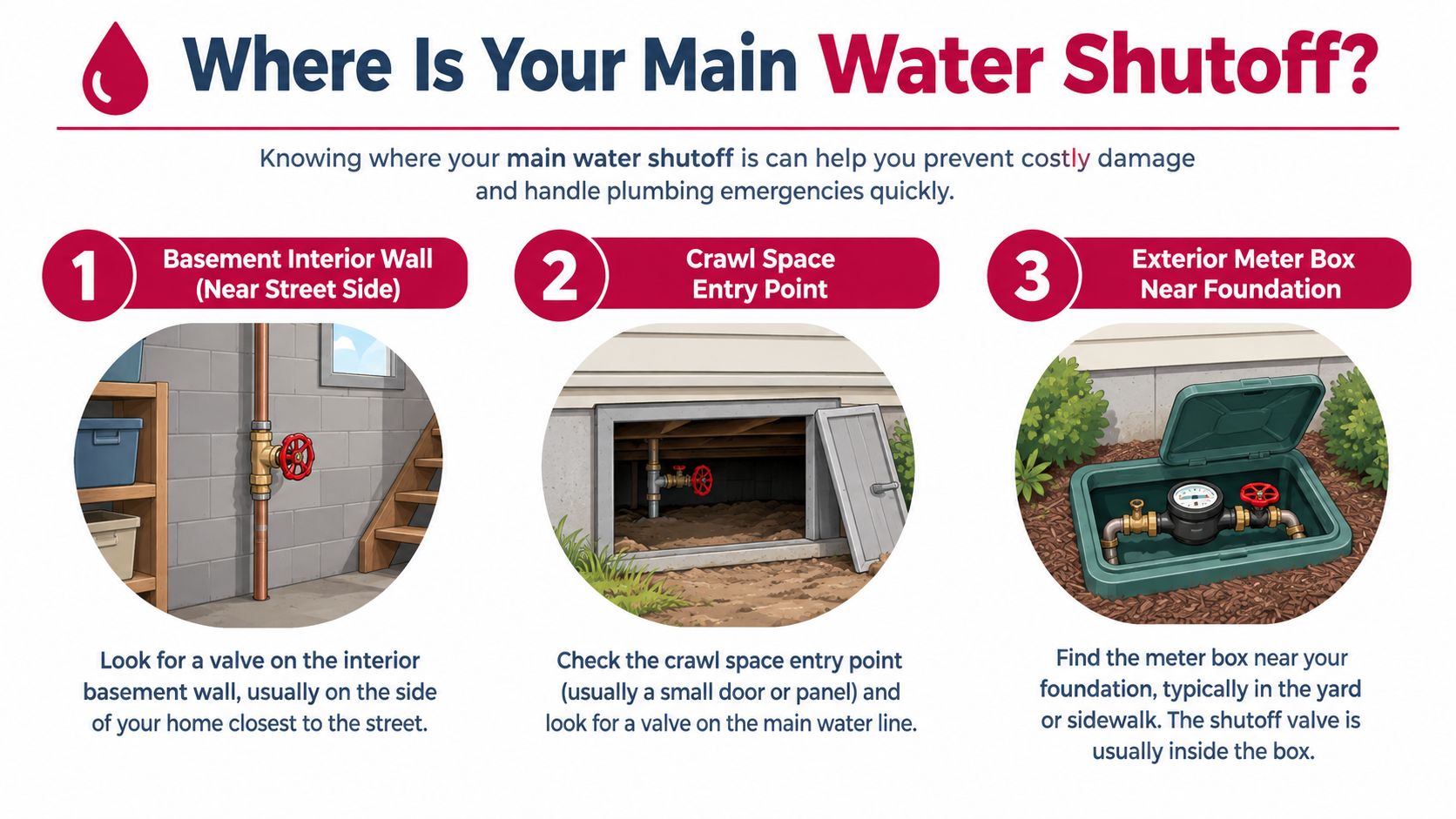 An infographic showing three common locations for the main water shutoff valve in a house.