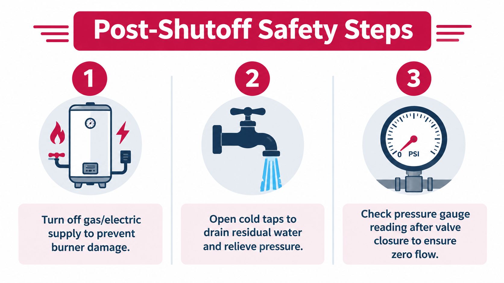 An infographic showing three essential post-shutoff safety steps for managing a home water supply system.