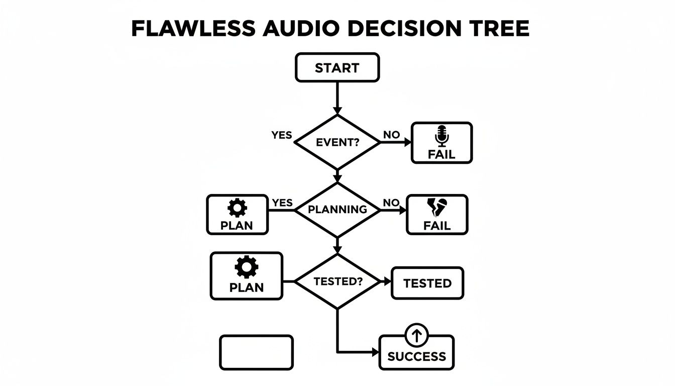 Flowchart titled 'Flawless Audio Decision Tree' outlining steps for event audio, from planning to success.