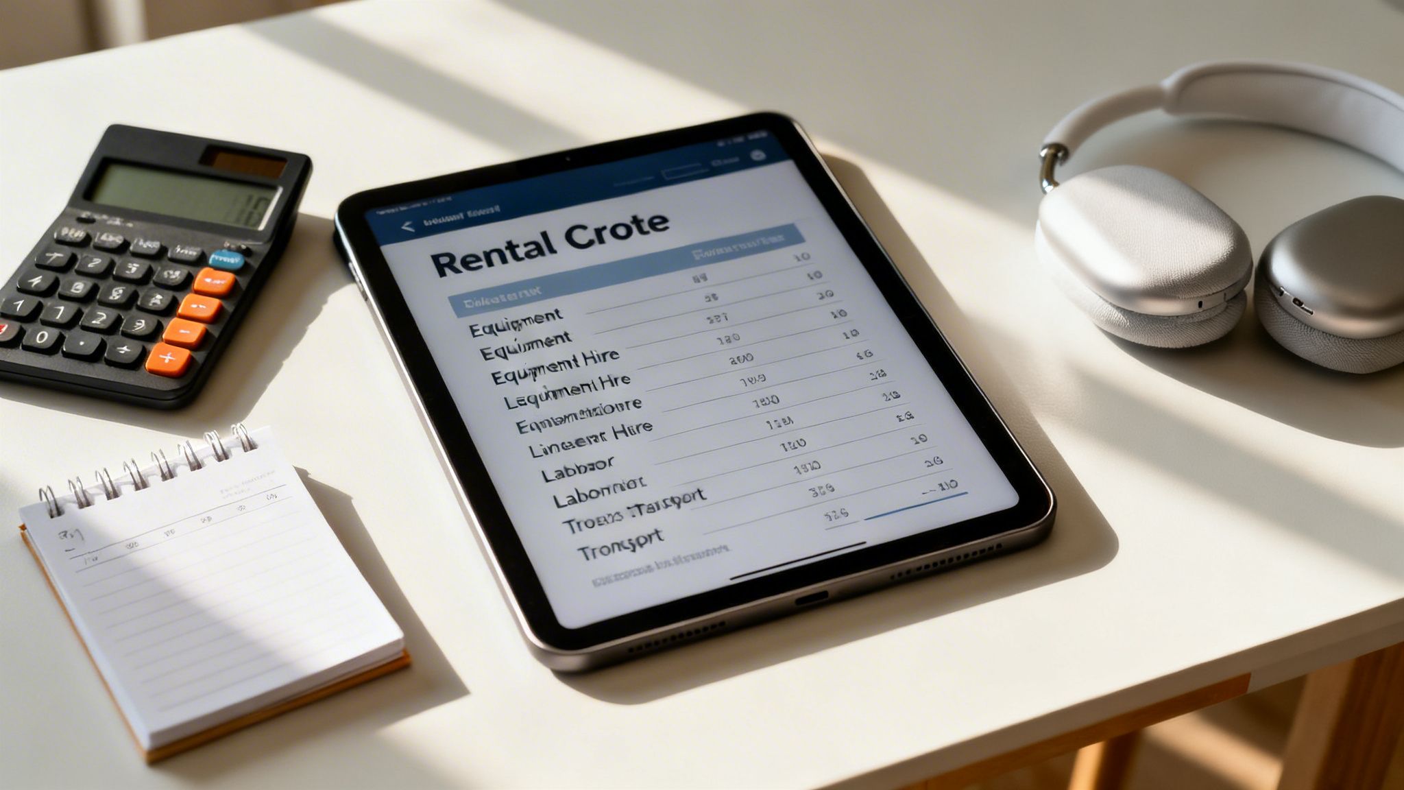 A tablet displaying a rental cost breakdown, calculator, notepad, and headphones on a white desk.