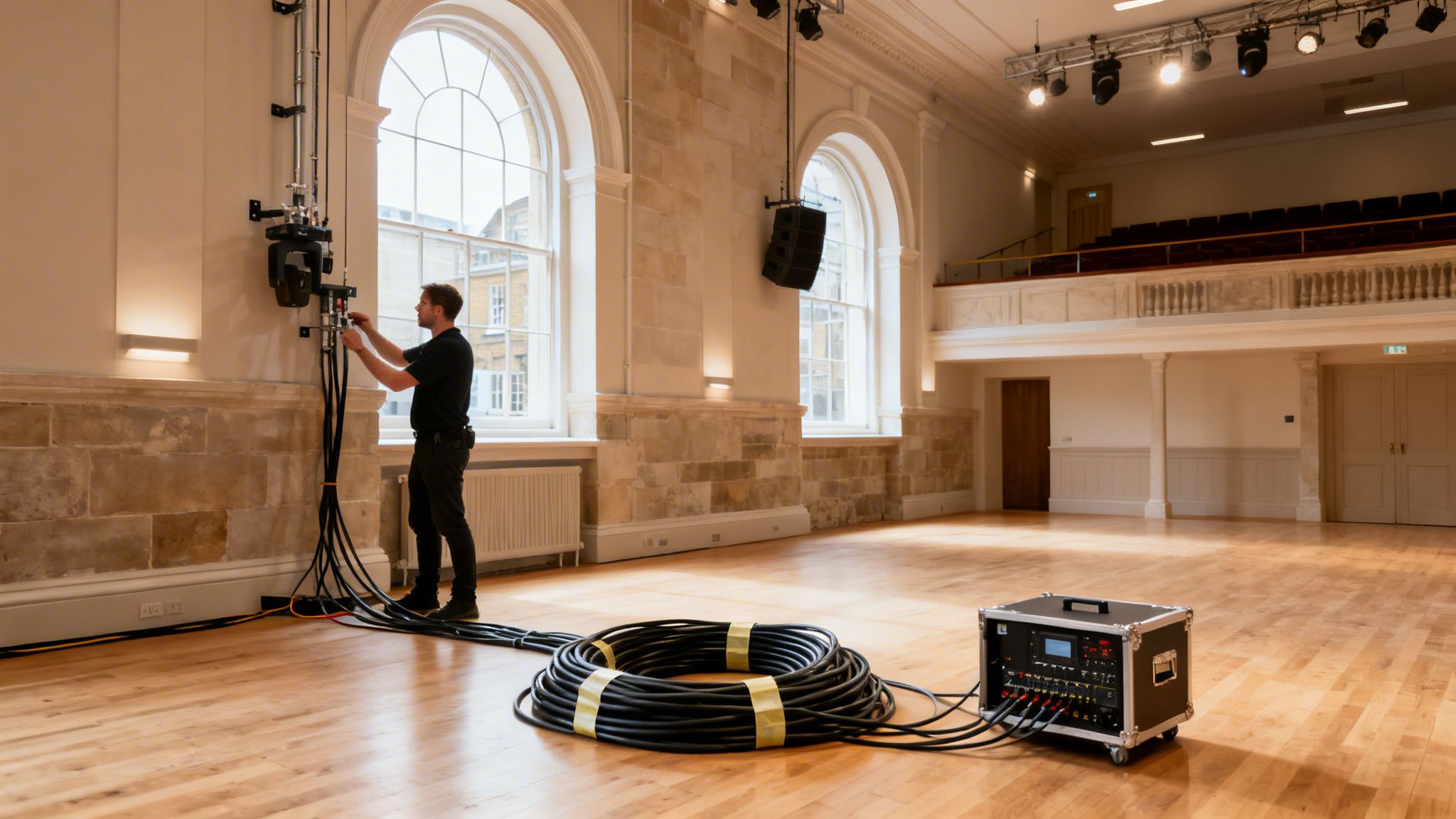 Man installing a professional PA sound system in a grand hall with high windows.