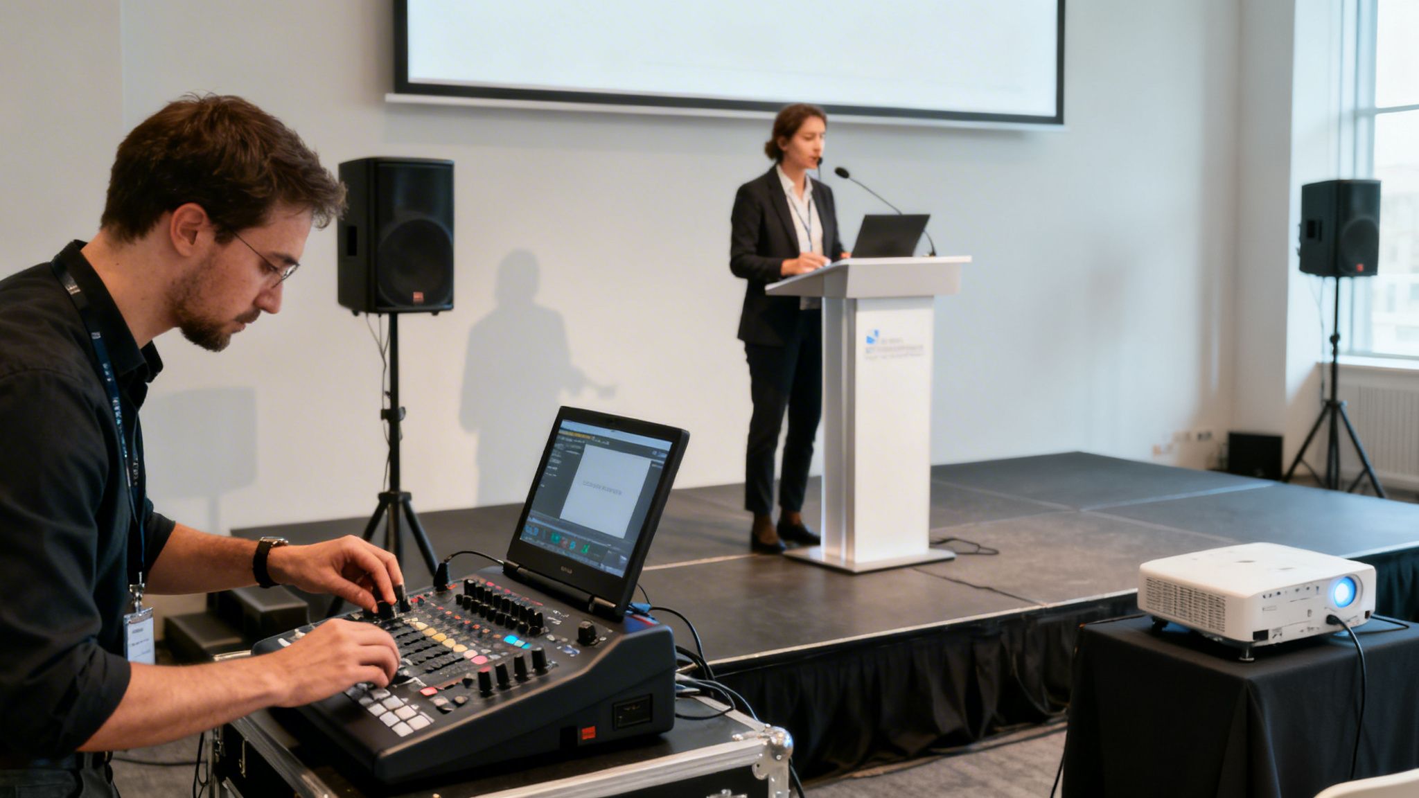 A technician adjusts an audio mixer and laptop while a woman presents on stage at an event.