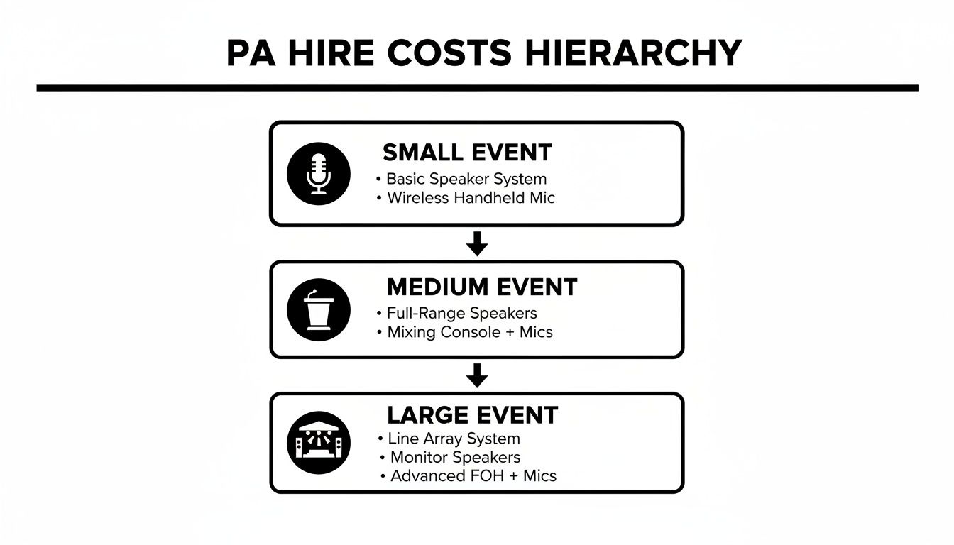 Hierarchy showing PA hire costs for small, medium, and large events with detailed equipment.